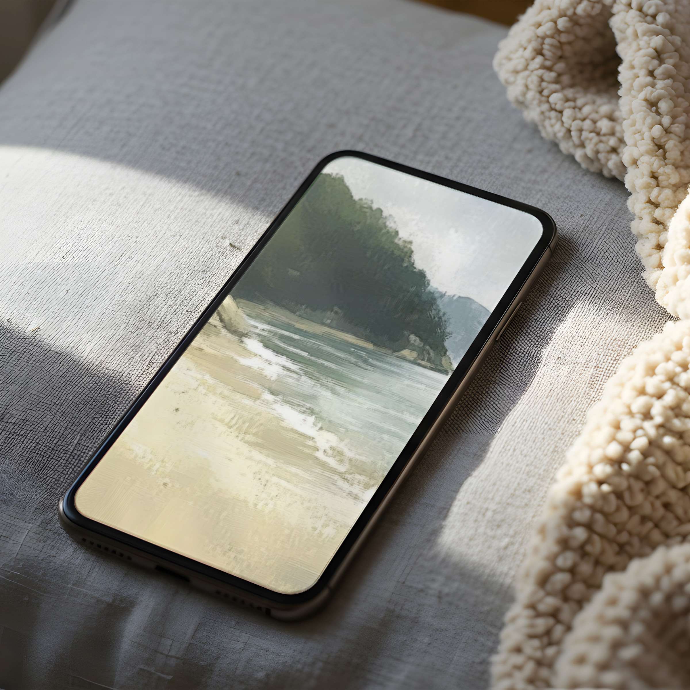 Elegant coastal painting phone wallpaper offers high resolution serenity, perfect for digital download on iPhone and Android devices