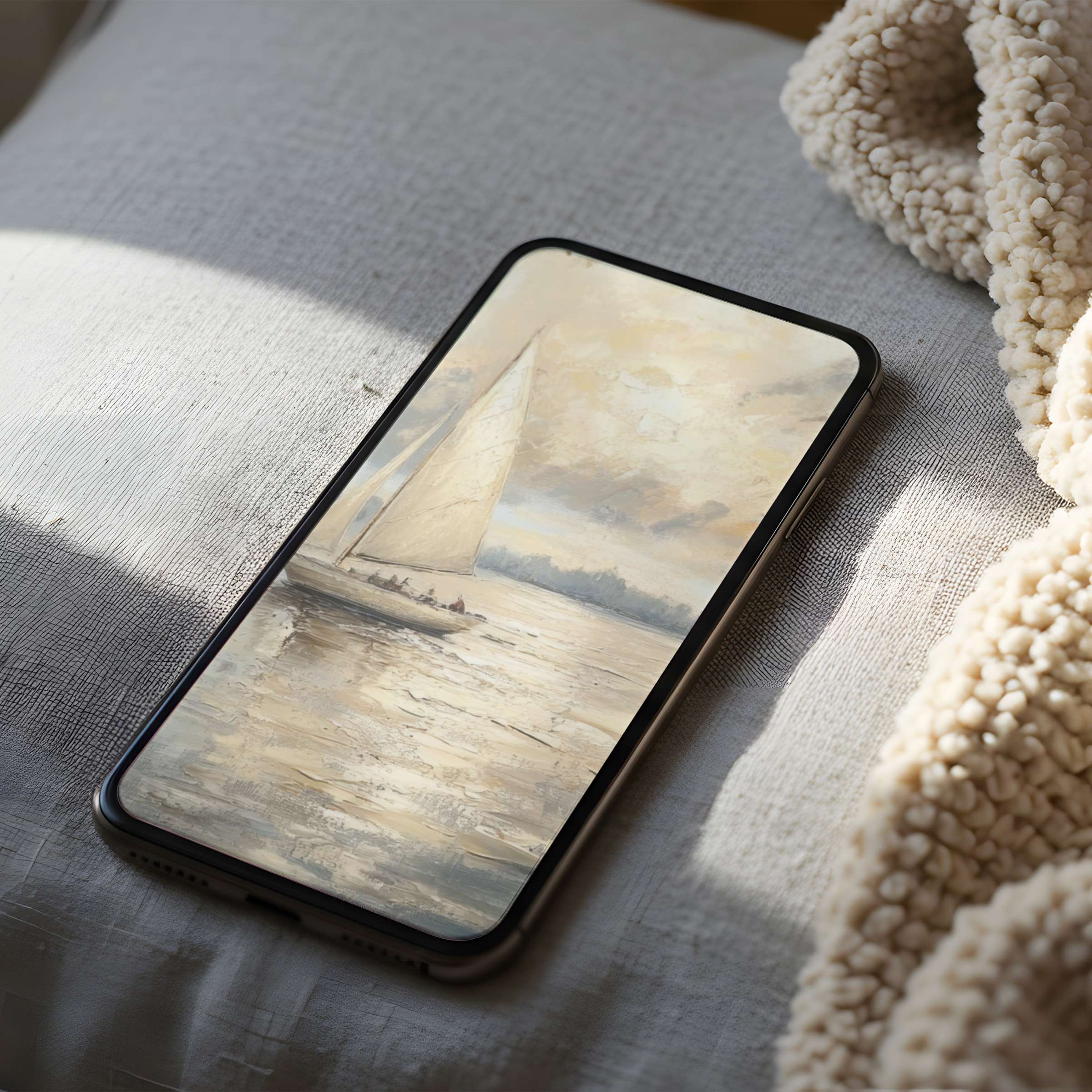 Elegant sailing boat painting phone wallpaper offers serene vibes in high resolution perfect for iPhone and Android digital download