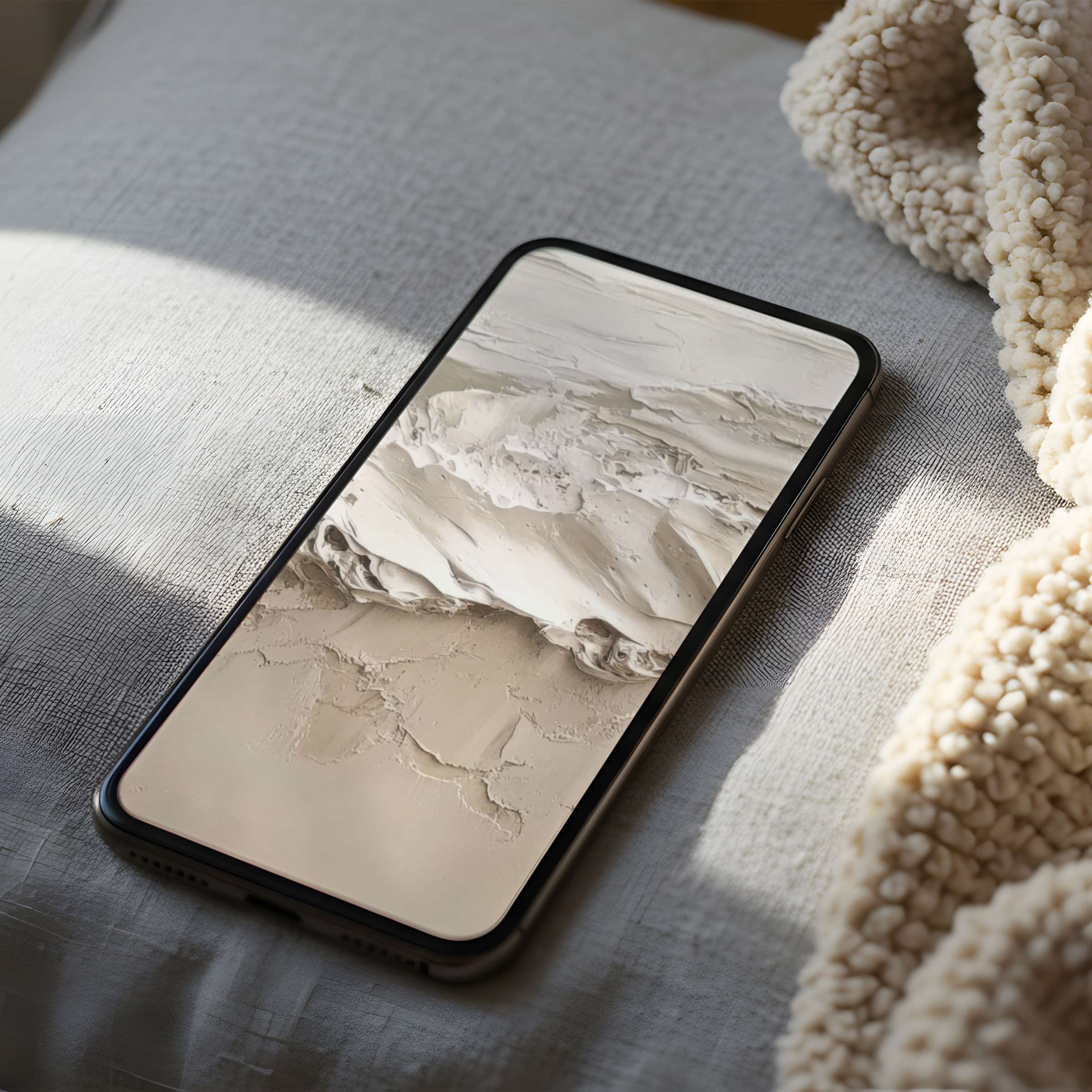Elegant abstract phone wallpaper in neutral tones on high resolution display lies on soft fabric, ideal for iPhone and Android users