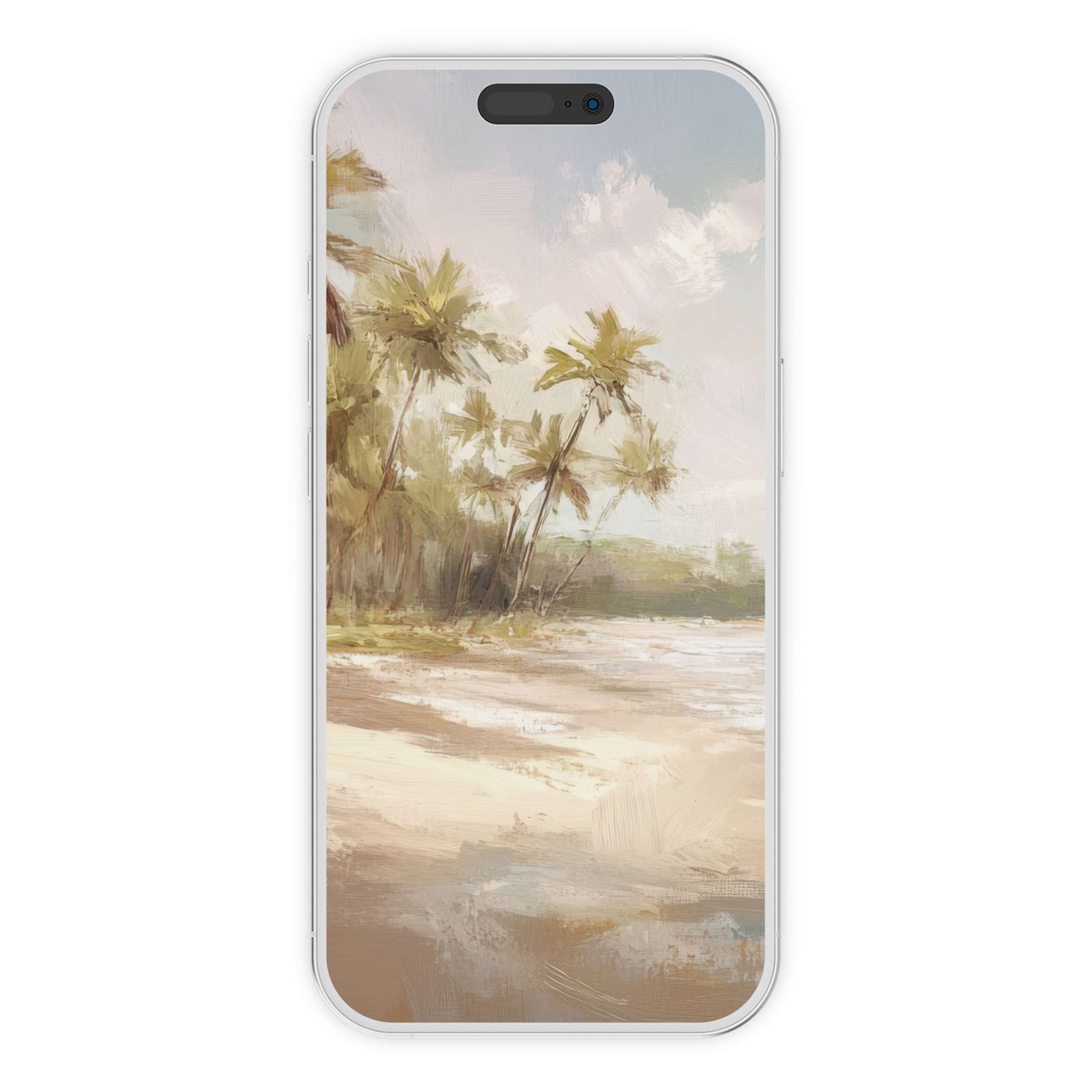 Serene coastal iPhone wallpaper showcasing soft brushstrokes of palm trees and sandy shores for an elegant phone background digital download