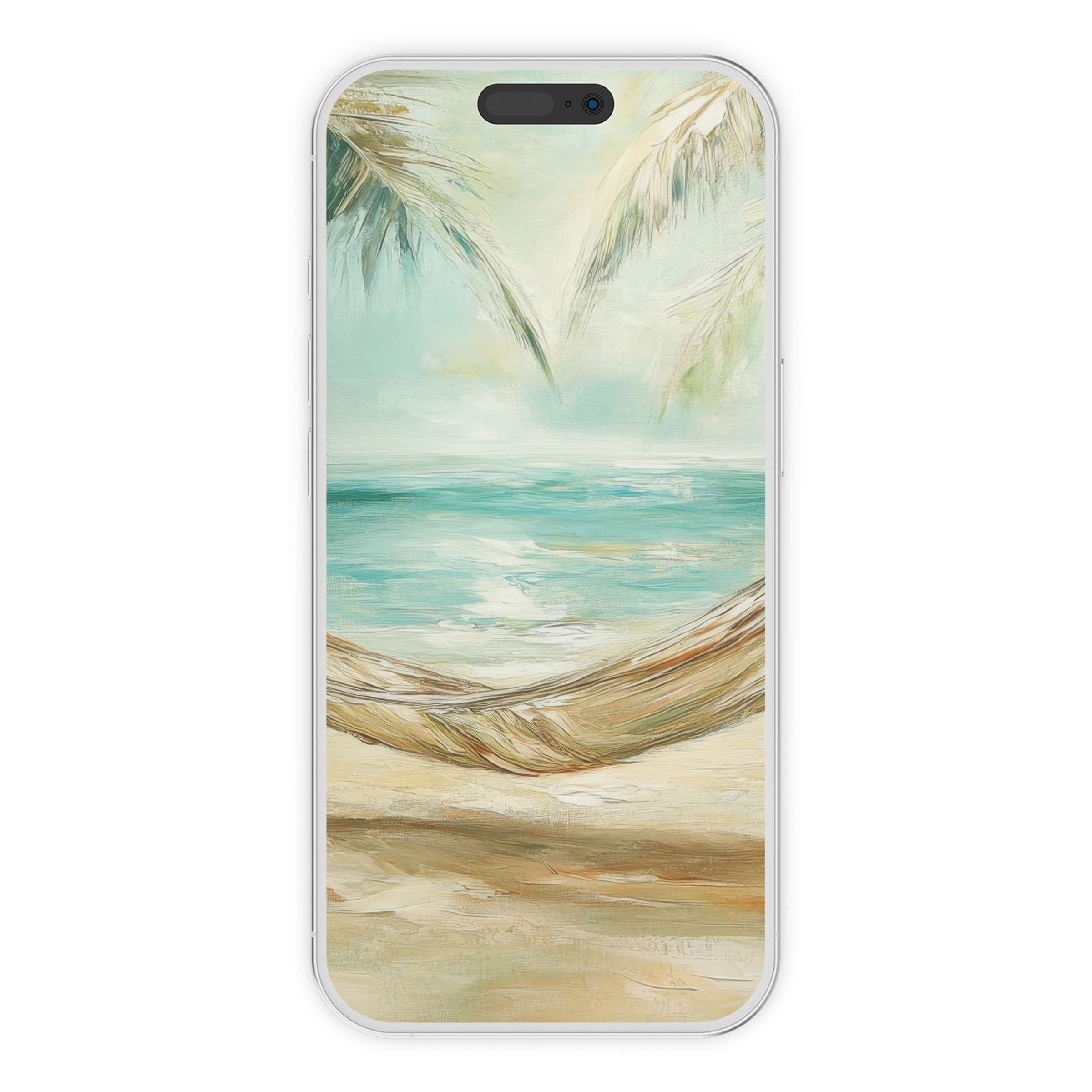 Serene coastal iPhone wallpaper showcasing a tranquil beach hammock, perfect phone background for elegant digital download tranquility