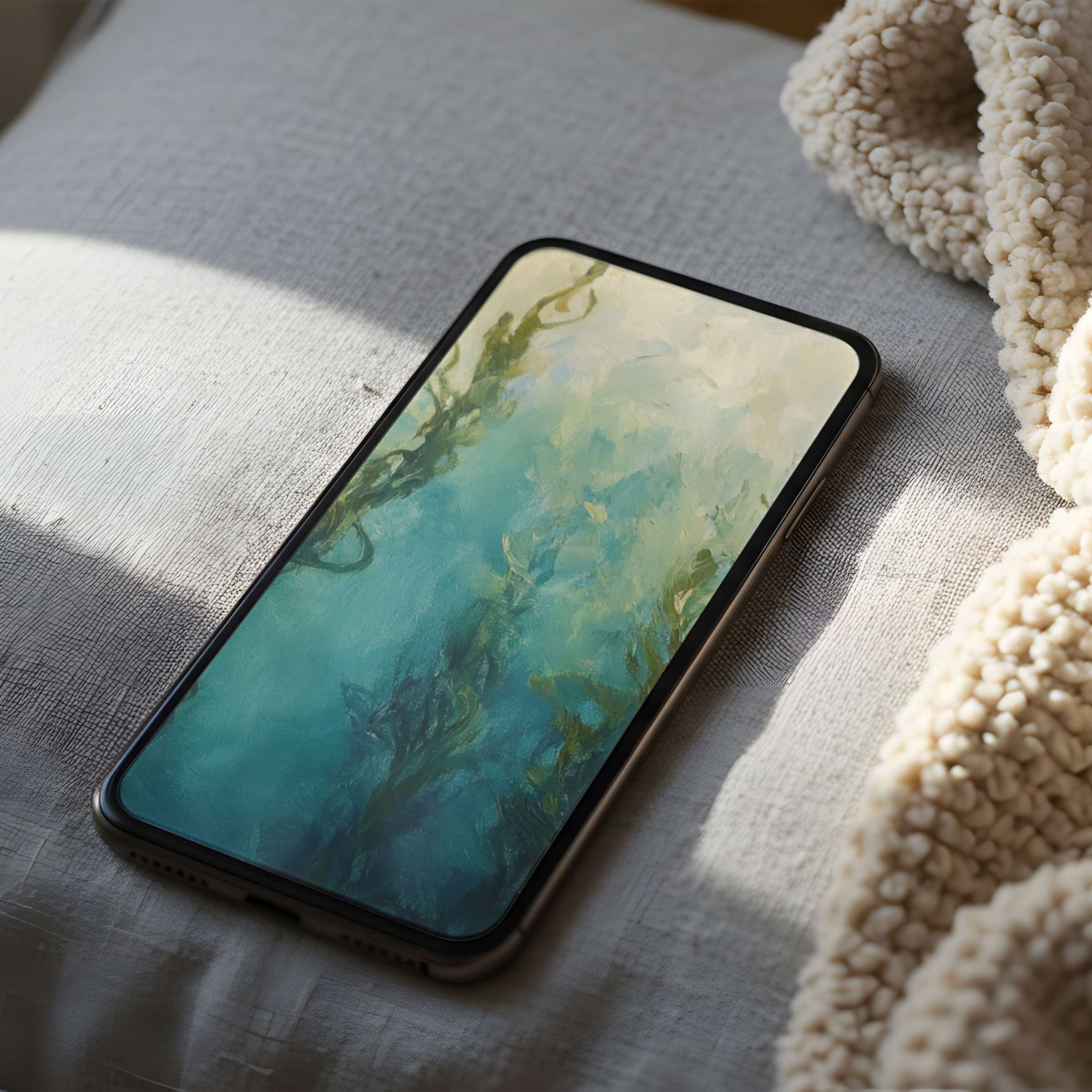 Soft abstract phone wallpaper in serene blue tones evokes tranquility and elegance, perfect for high resolution iPhone or Android download