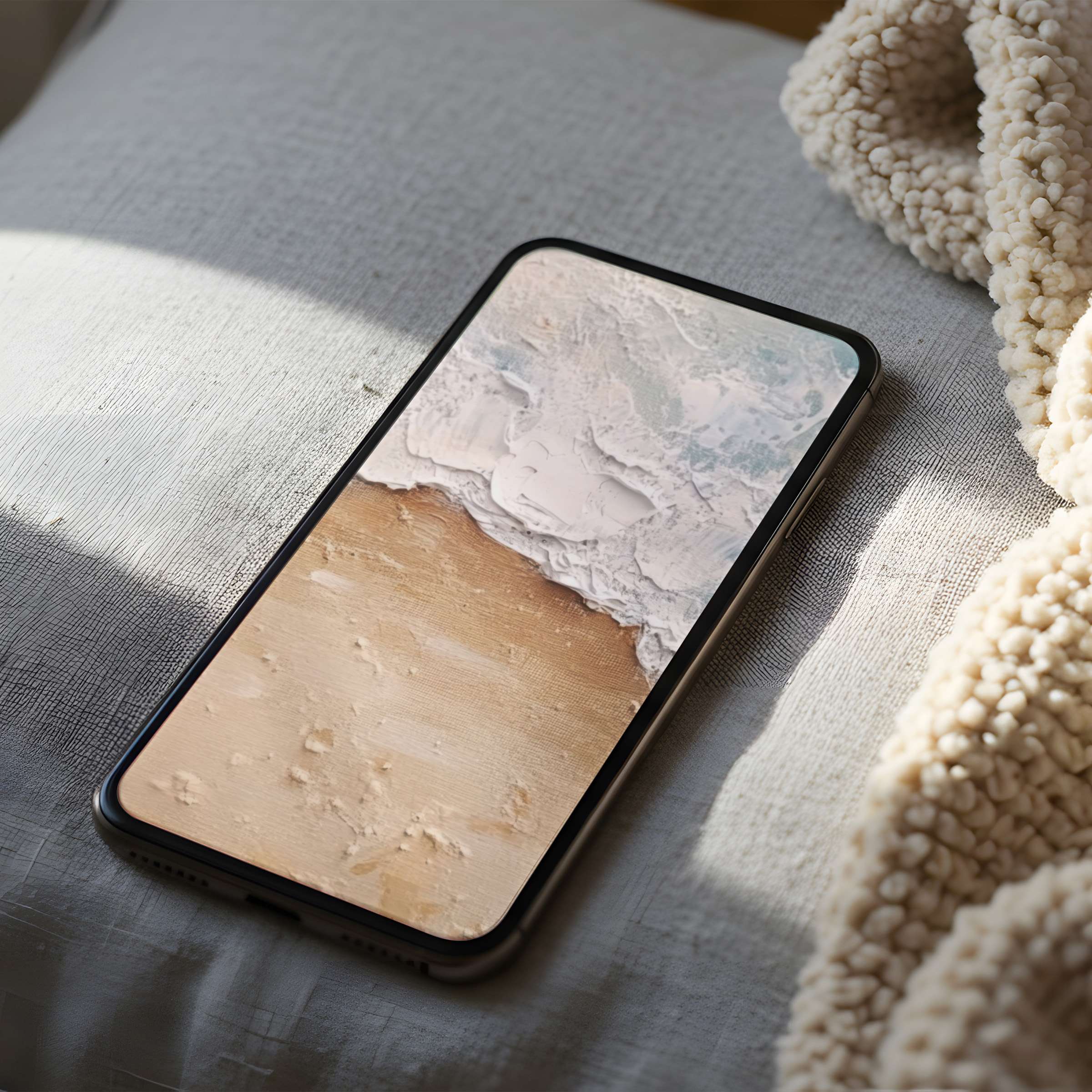Elegant phone wallpaper featuring soft beige and cream abstract texture, perfect for iPhone or Android, enhance your digital space with serenity