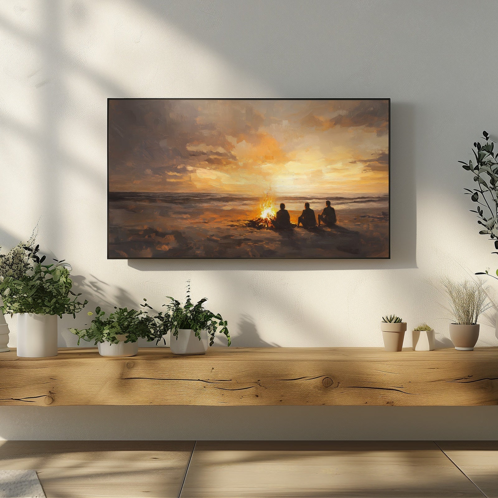 Coastal digital painting of three people sitting by a warm beach bonfire at sunset, calm ocean horizon and soft golden light for modern Frame TV wall art decor