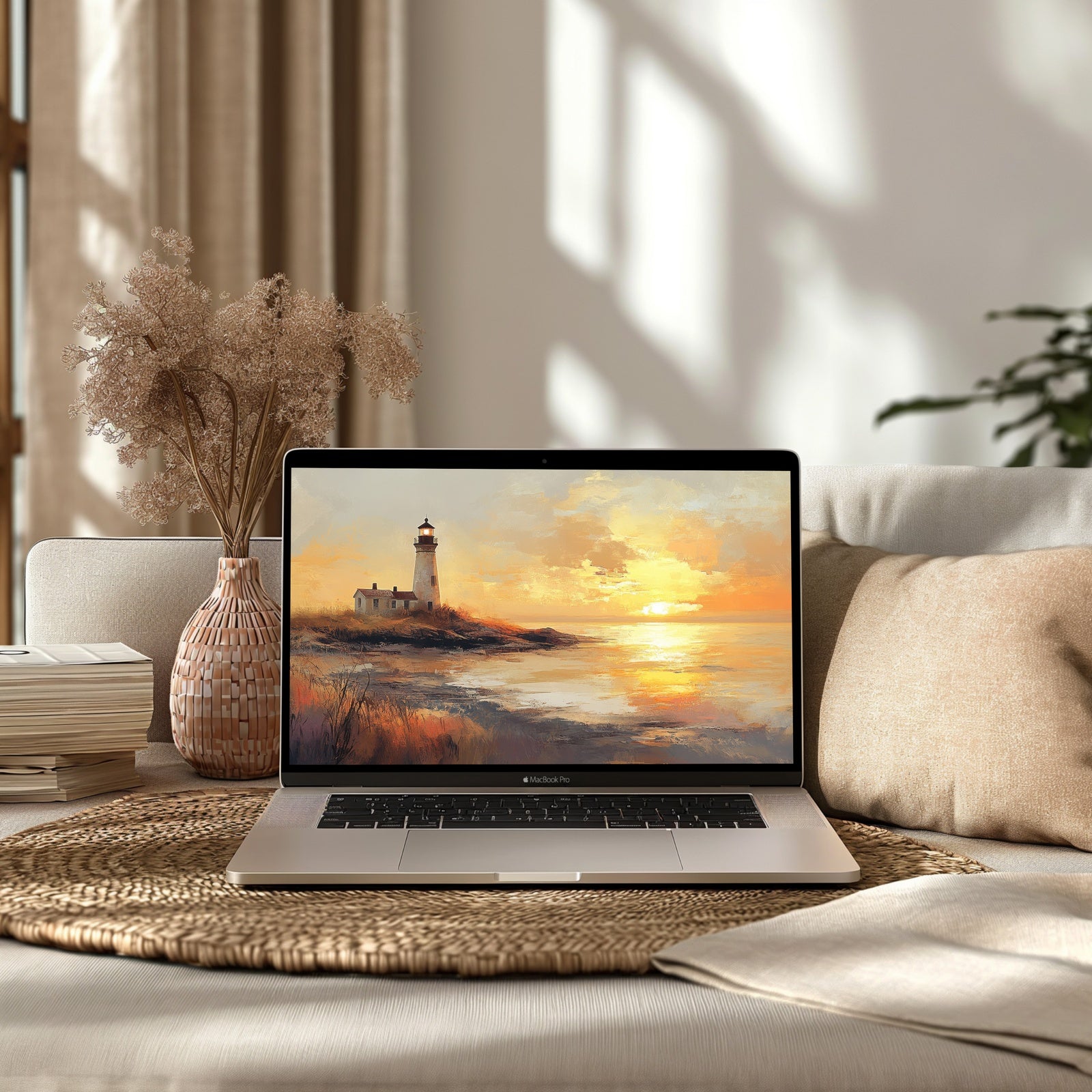 Coastal desktop wallpaper featuring a golden sunset over a lighthouse by the sea - a warm, serene digital painting that brings calm coastal beauty and inspiration to your workspace
