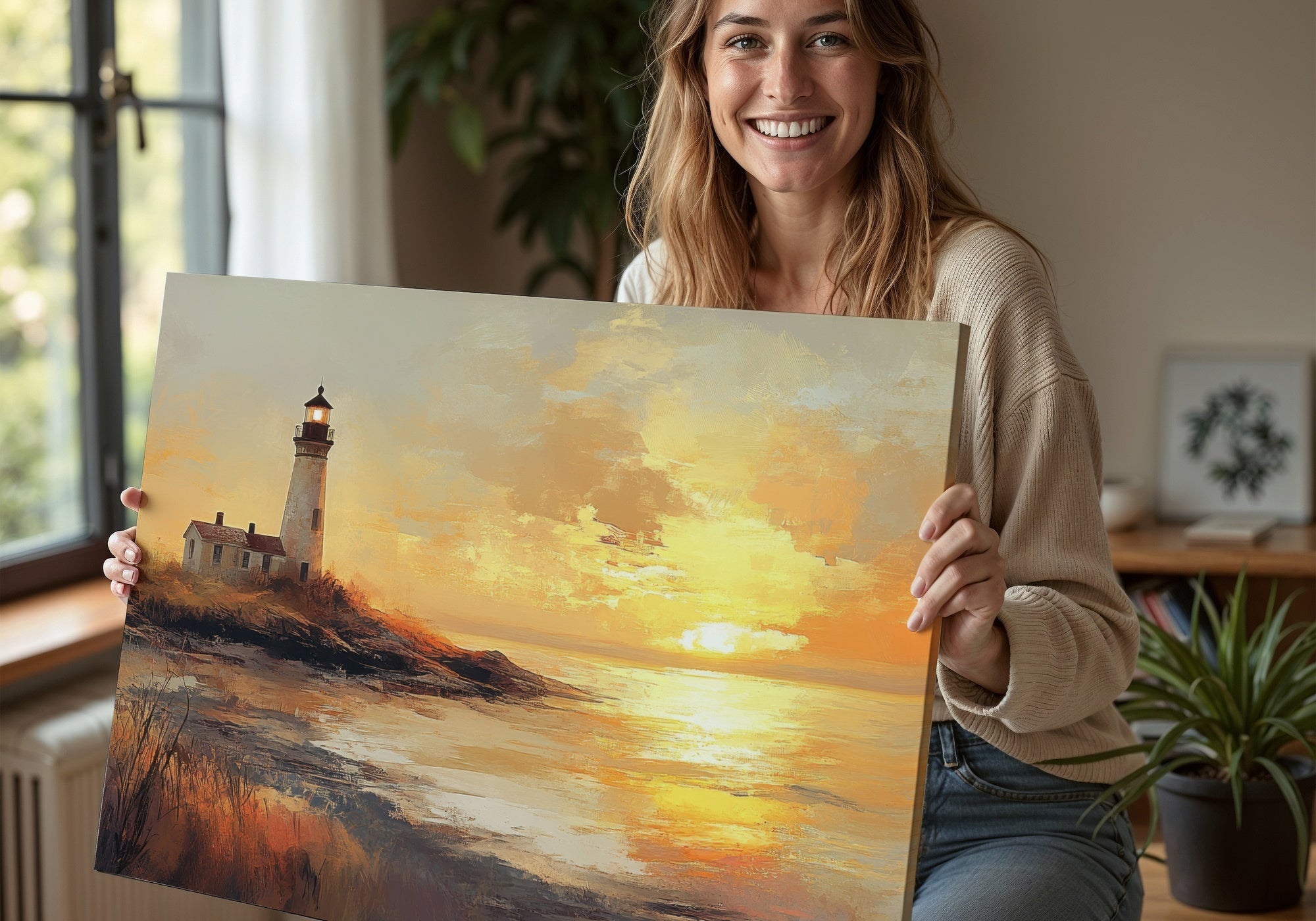 Woman showing Coastal Digital Art Print with Lighthouse