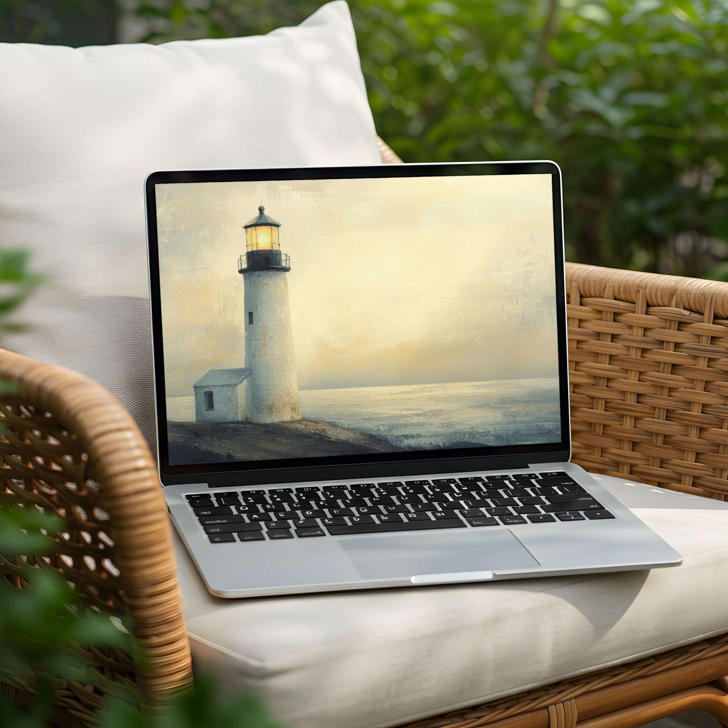 Coastal desktop wallpaper featuring a softly painted lighthouse overlooking the ocean at dusk, displayed on a laptop in a cozy outdoor setting - perfect for creating a serene and elegant digital workspace