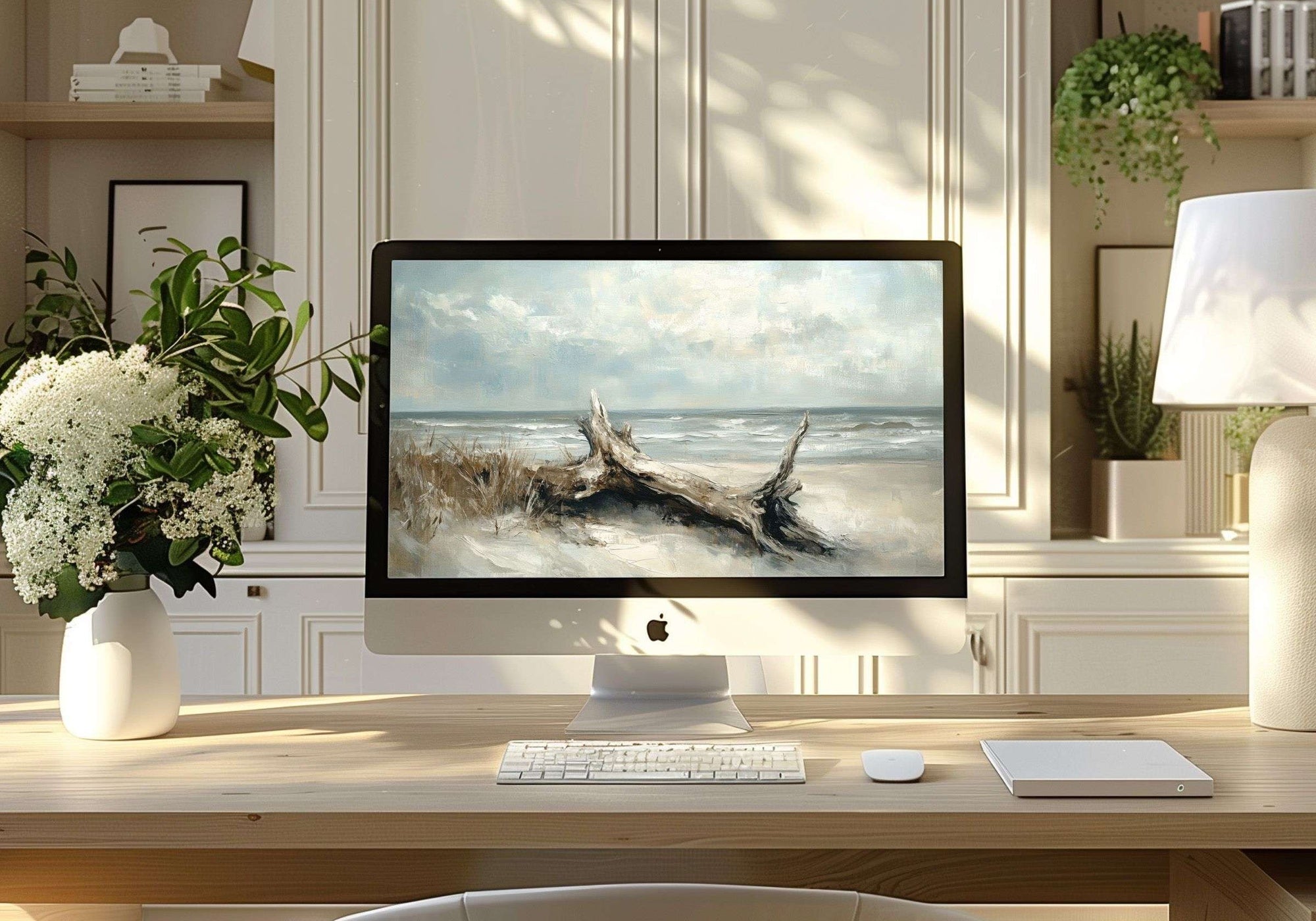 Coastal desktop wallpaper featuring driftwood on a serene beach in soft neutral tones. A calming seascape that brings coastal elegance, tranquility, and artistic warmth to your modern workspace