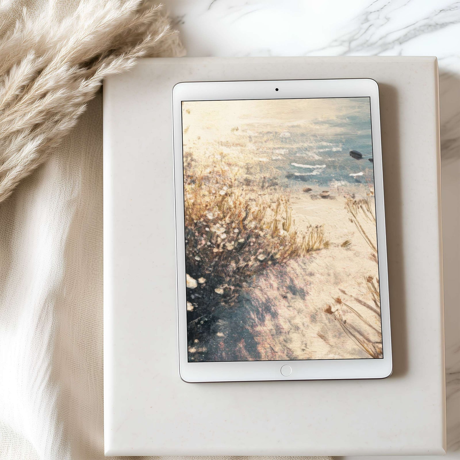 Coastal iPad wallpaper featuring soft seaside wildflowers under warm light, designed to bring serenity and natural elegance to your tablet - perfect for calming, beach-inspired digital spaces