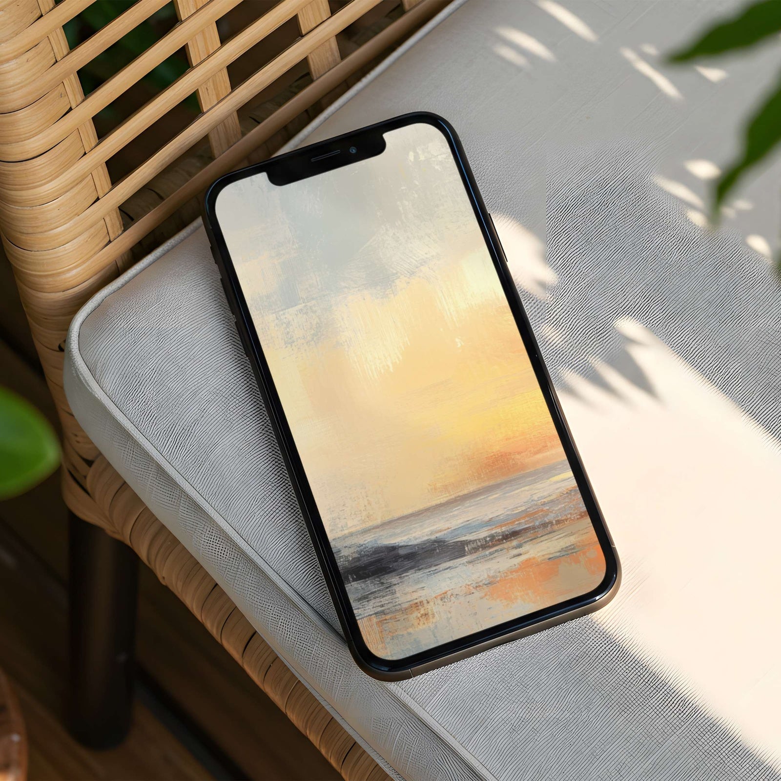 Coastal phone wallpaper featuring a soft pastel sunrise over calm ocean waves, painted in warm, soothing impressionist tones for a serene and elegant background