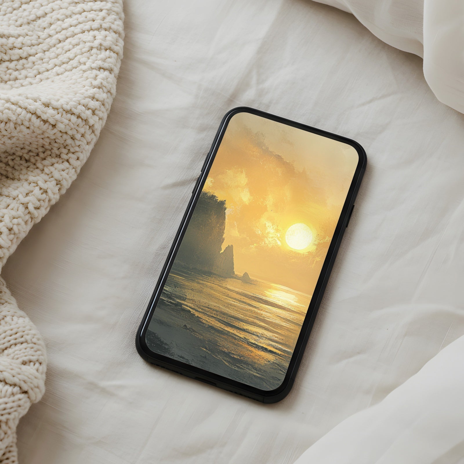 Coastal phone wallpaper featuring a warm golden sunset over calm ocean waves and cliffs - a serene, uplifting background for a soft and elegant home screen