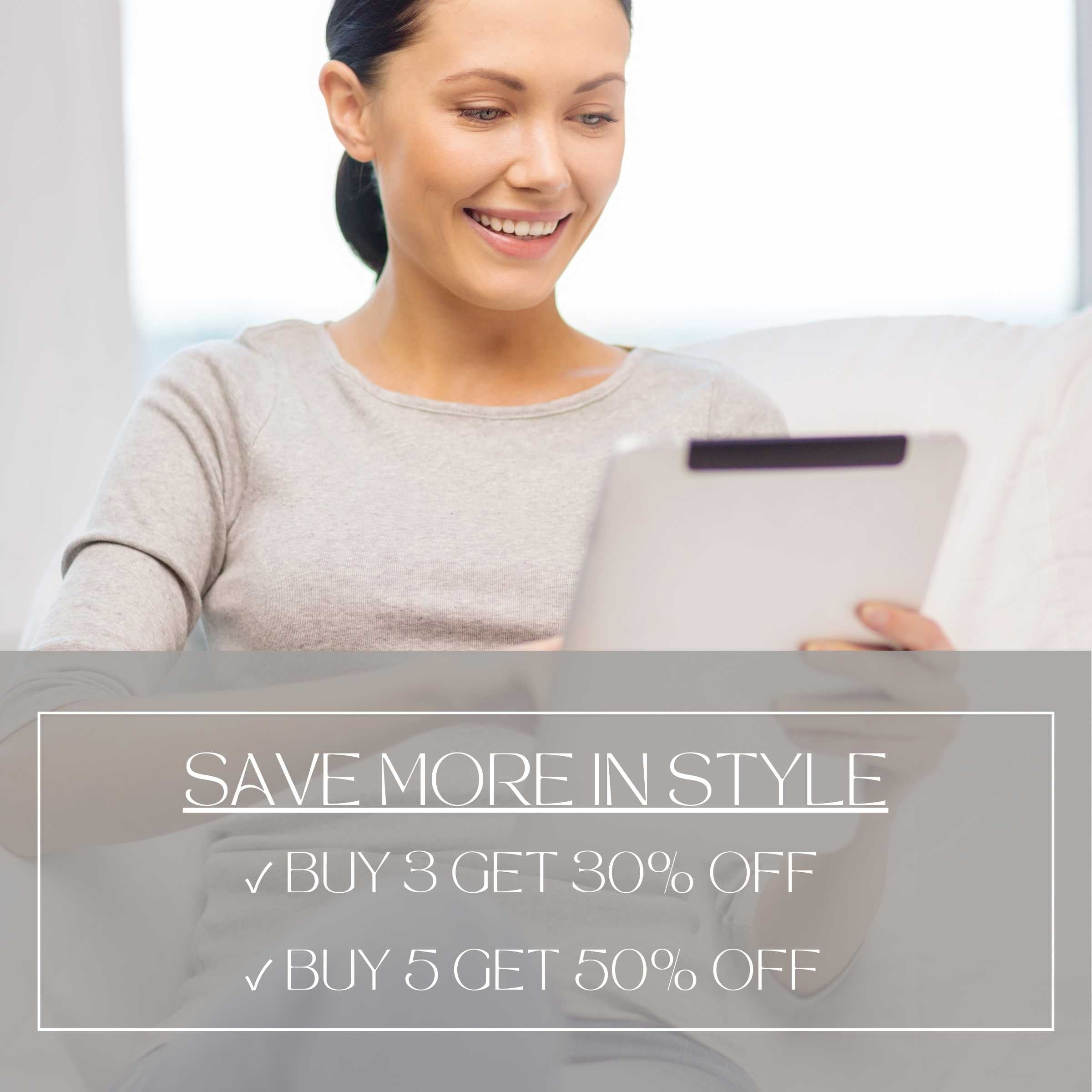 Smiling woman enjoying curated iPad wallpaper discounts, save more in style with digital download tablet backgrounds for modern living