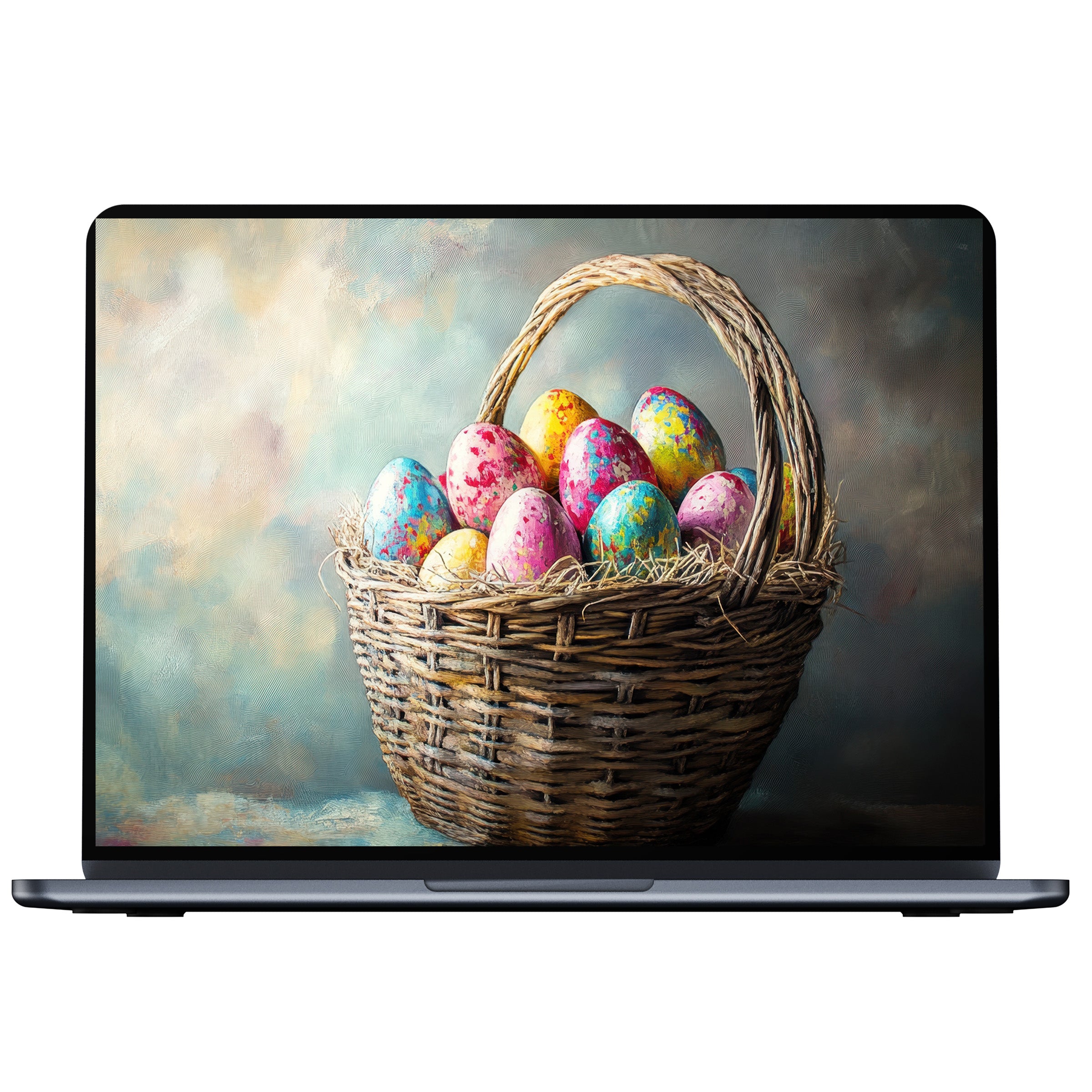Easter desktop wallpaper digital download featuring a serene basket of colorful eggs in soft hues ideal for PC or laptop screens