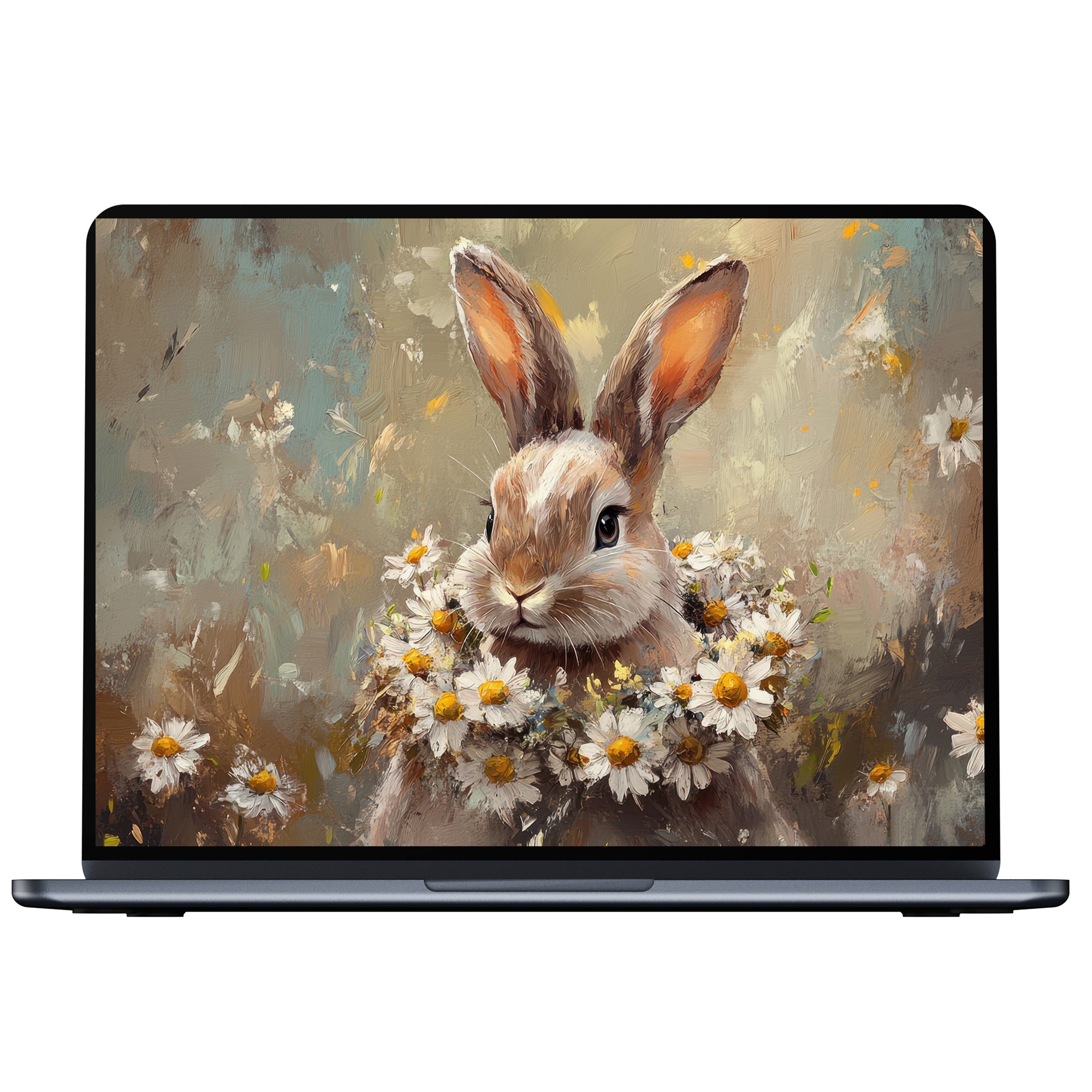 Easter desktop wallpaper featuring a serene rabbit with daisies in an artful digital download for PC and laptop decor