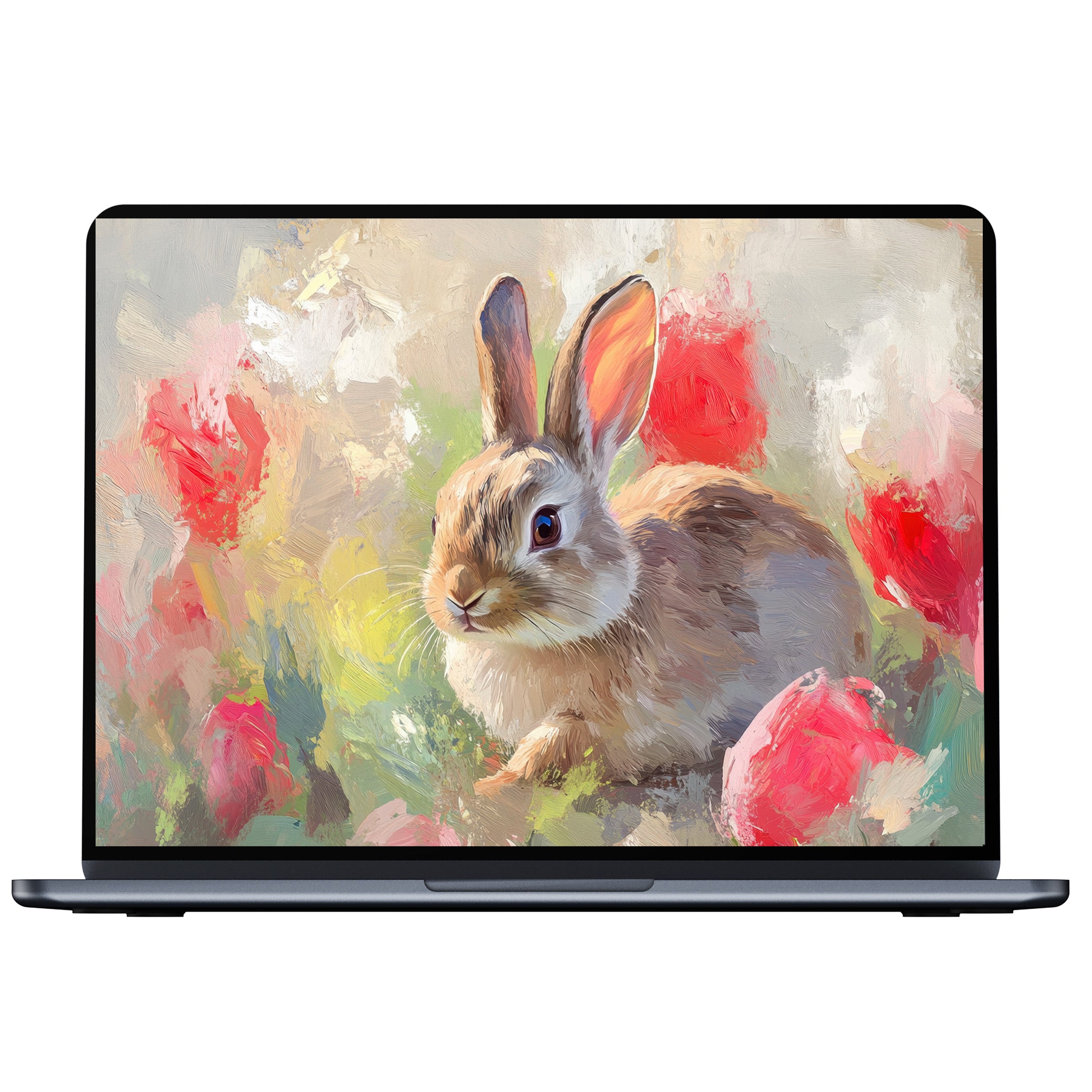 Easter desktop wallpaper featuring a serene bunny among vibrant spring blossoms, perfect digital download for PC, laptop, or Mac