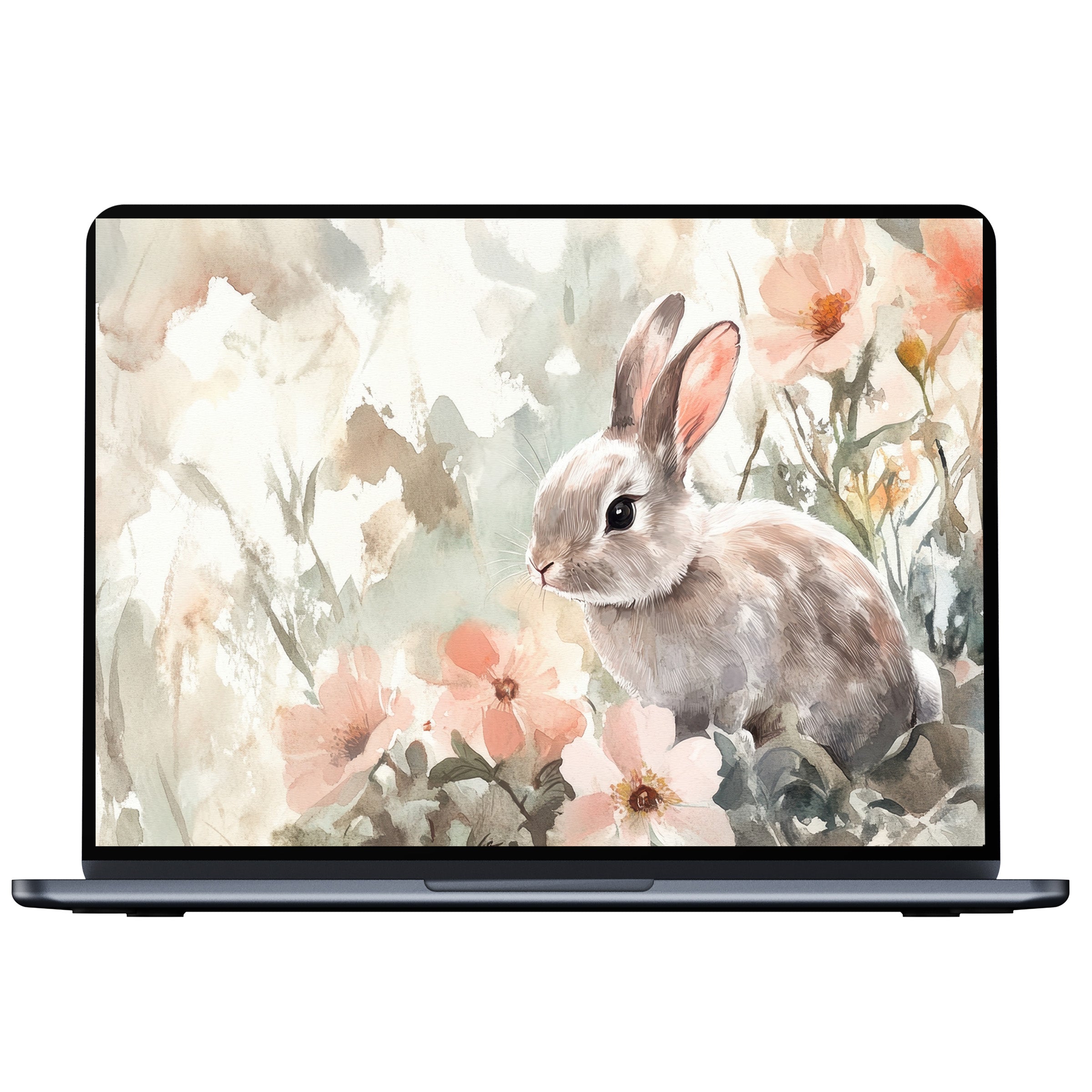 Easter desktop wallpaper with serene watercolor bunny and flowers digital download perfect for PC and Laptop soothing aesthetic