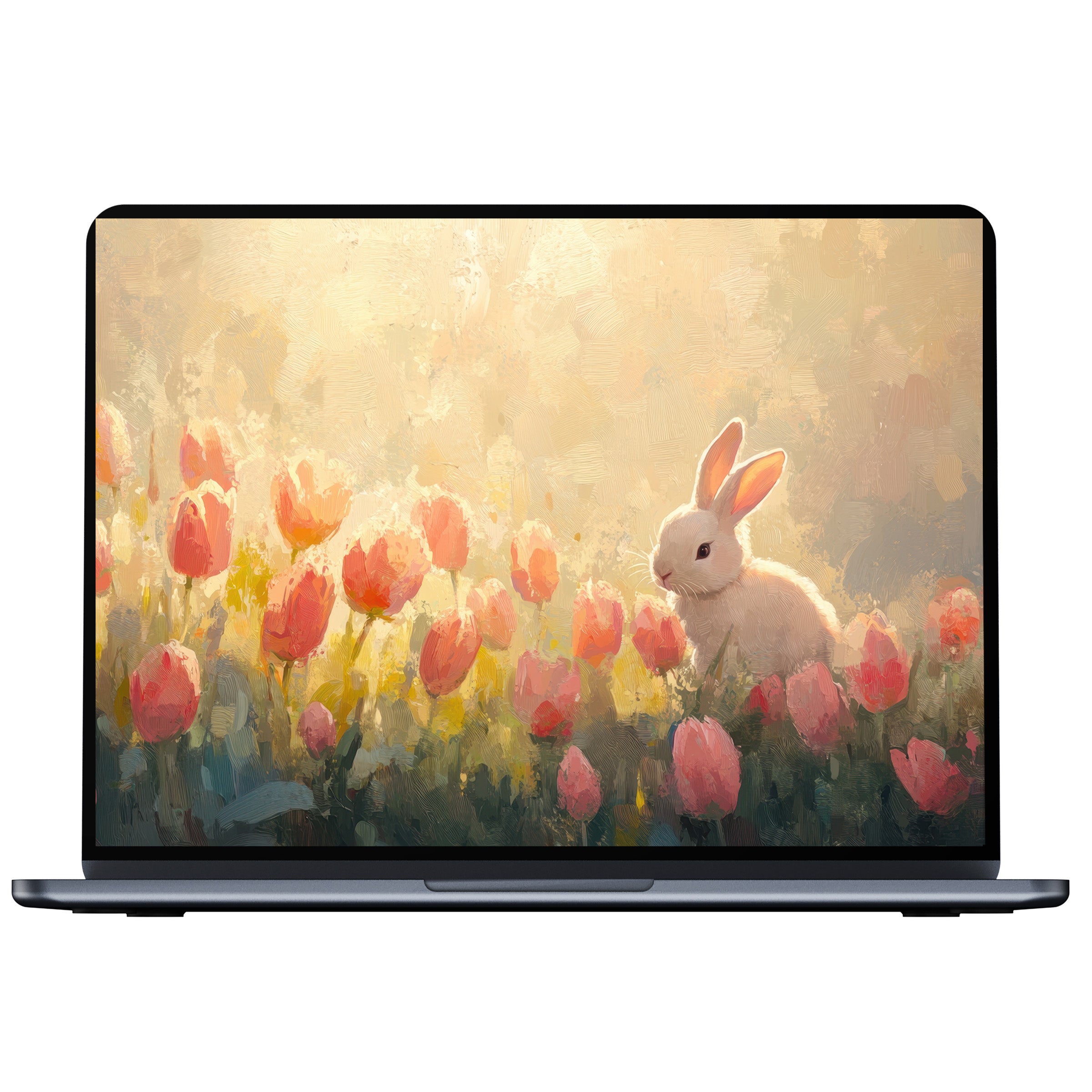Easter desktop wallpaper with serene bunny among tulips in soft pastels offering calm inspiration for PC or laptop digital download