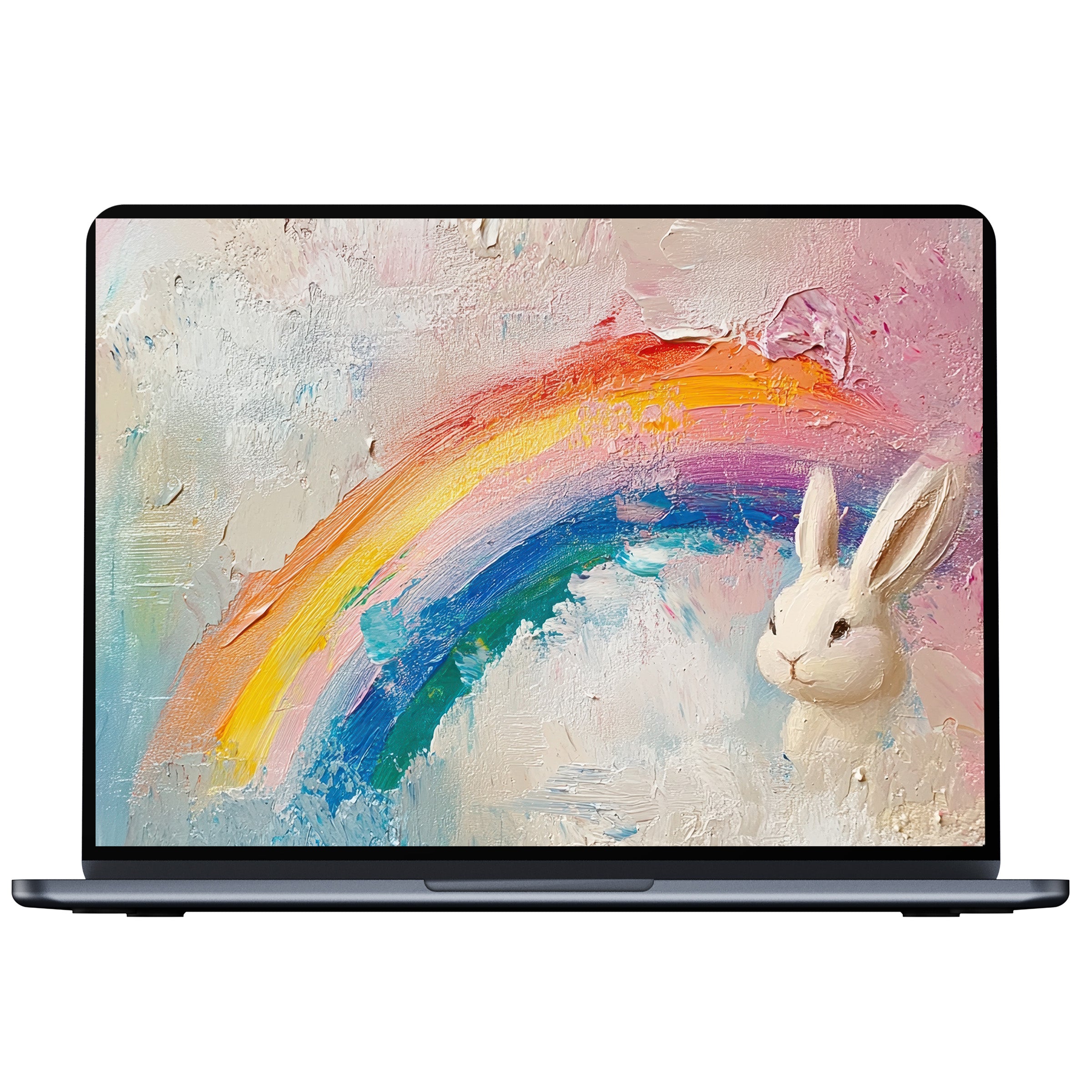 Easter desktop wallpaper with a textured rainbow and rabbit in pastel hues for PC and laptop digital download inspires calm