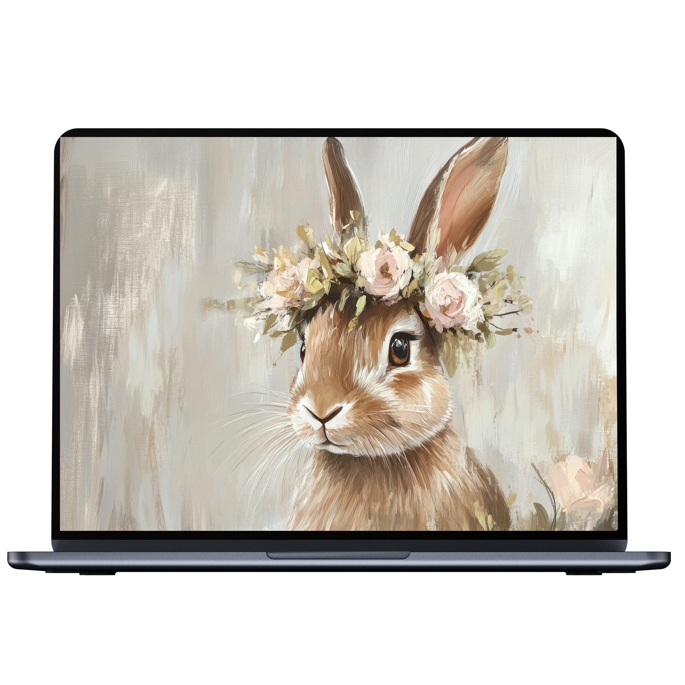 Easter desktop wallpaper featuring a serene bunny with a floral crown in muted tones digital download for PC and laptop elegance
