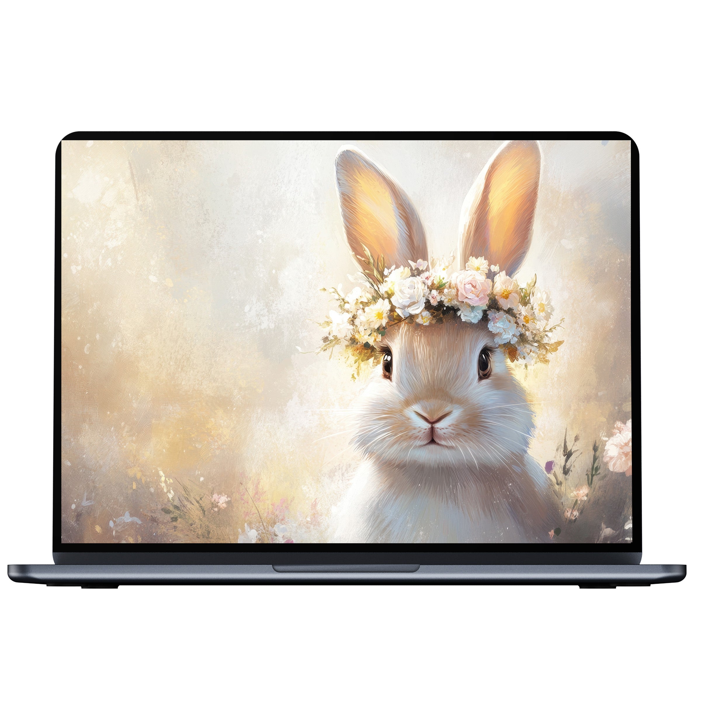 Easter desktop wallpaper featuring a serene rabbit with floral crown offers calming digital download for PC and laptop screens