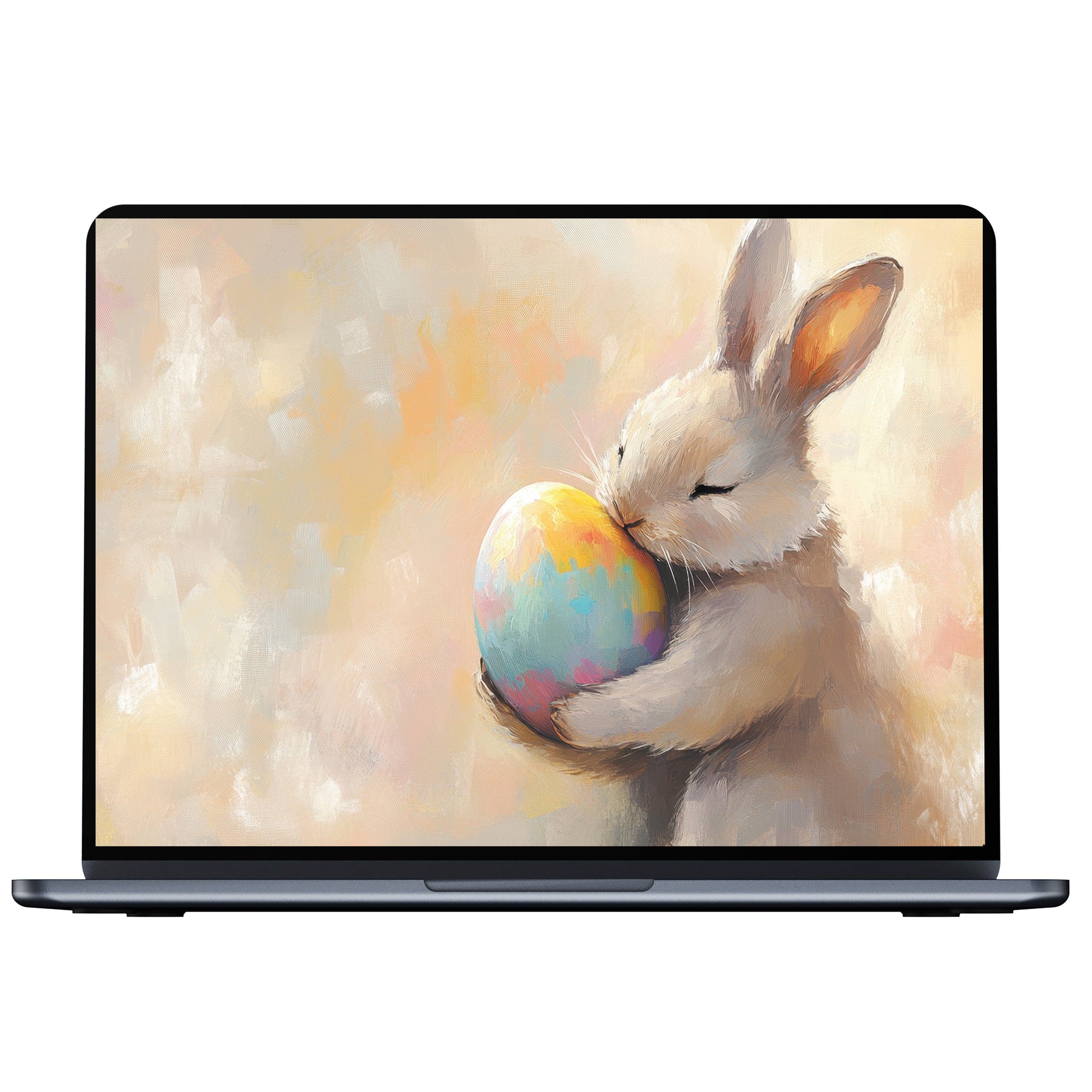 Easter desktop wallpaper digital download featuring a serene bunny with pastel egg art for PC, Laptop, and Mac users seeking elegance