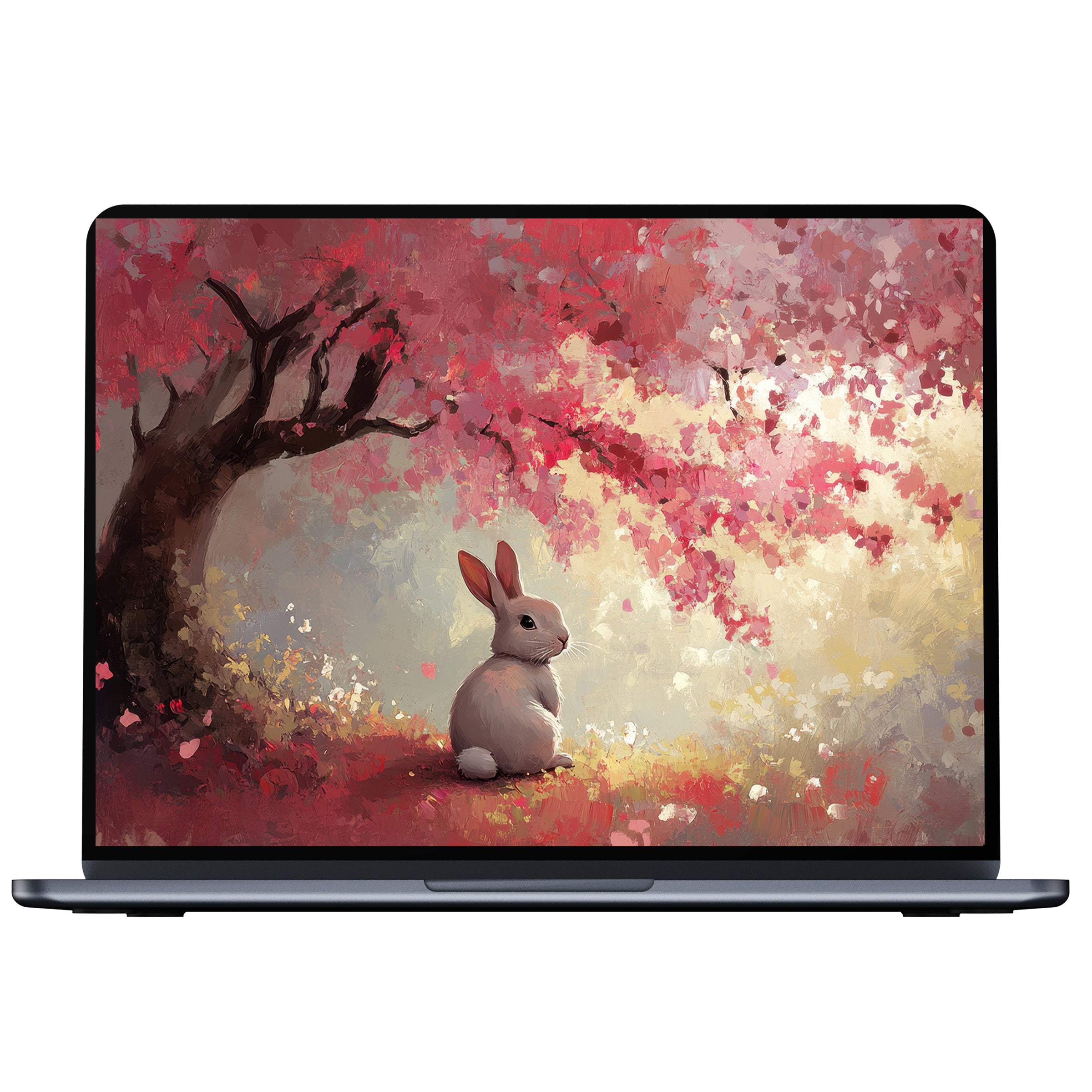 Elegant easter desktop wallpaper featuring serene rabbit under cherry blossoms in warm pink hues for digital download on PC or laptop