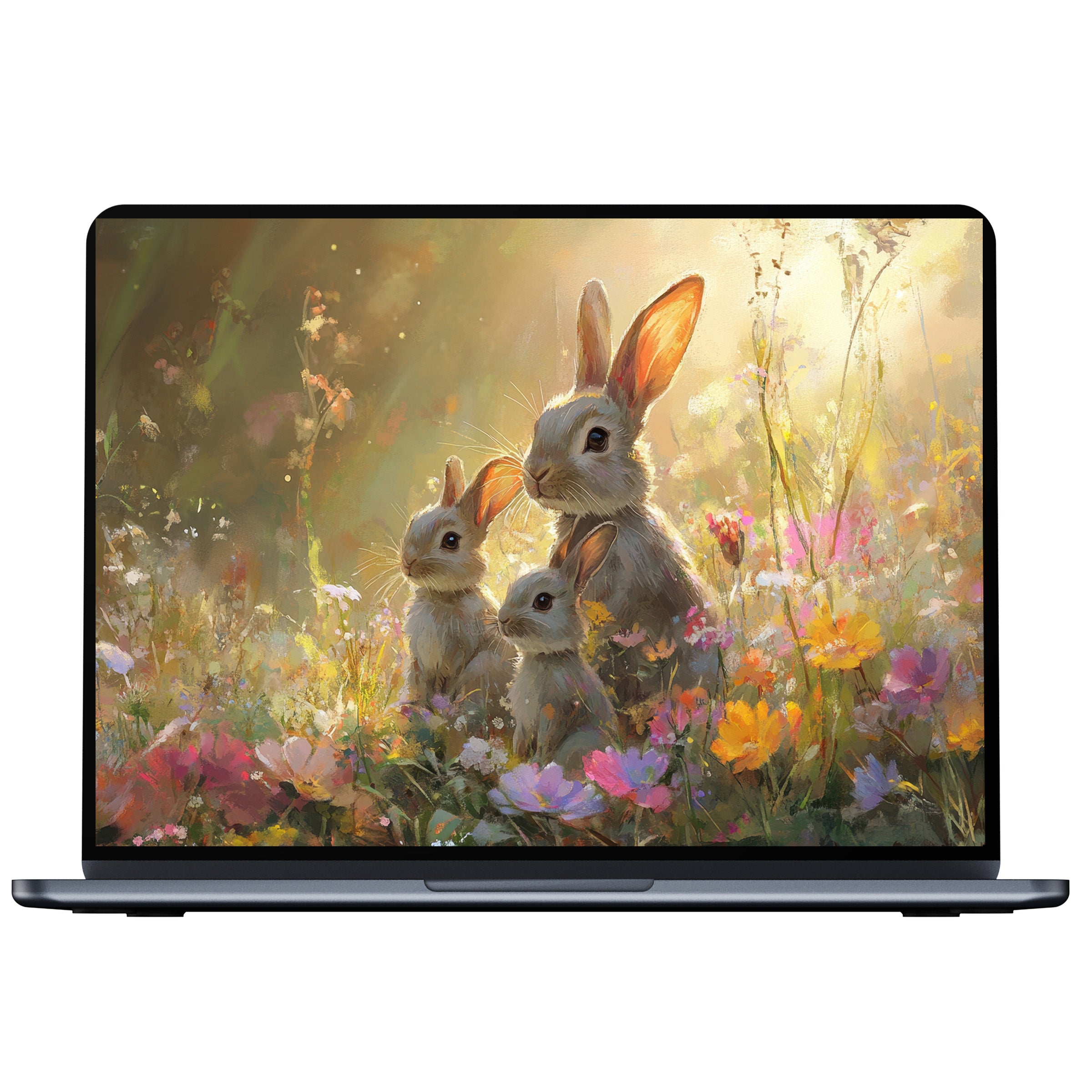Enchanting Easter desktop wallpaper features bunnies in a vibrant, serene meadow perfect digital download for PC, Laptop, Mac users