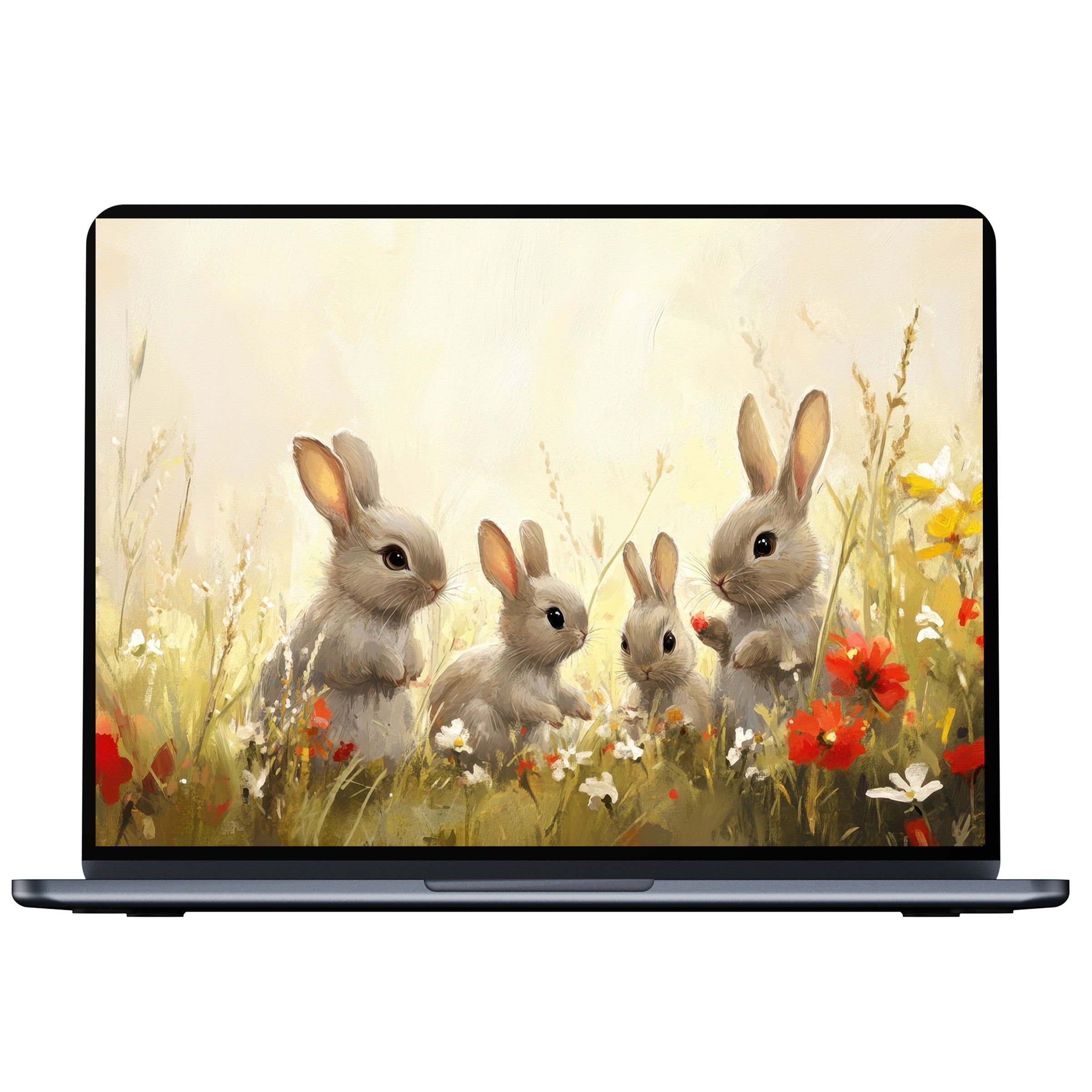 Easter desktop wallpaper featuring cute bunnies in a floral meadow offers calm inspiration for PC or laptop digital download