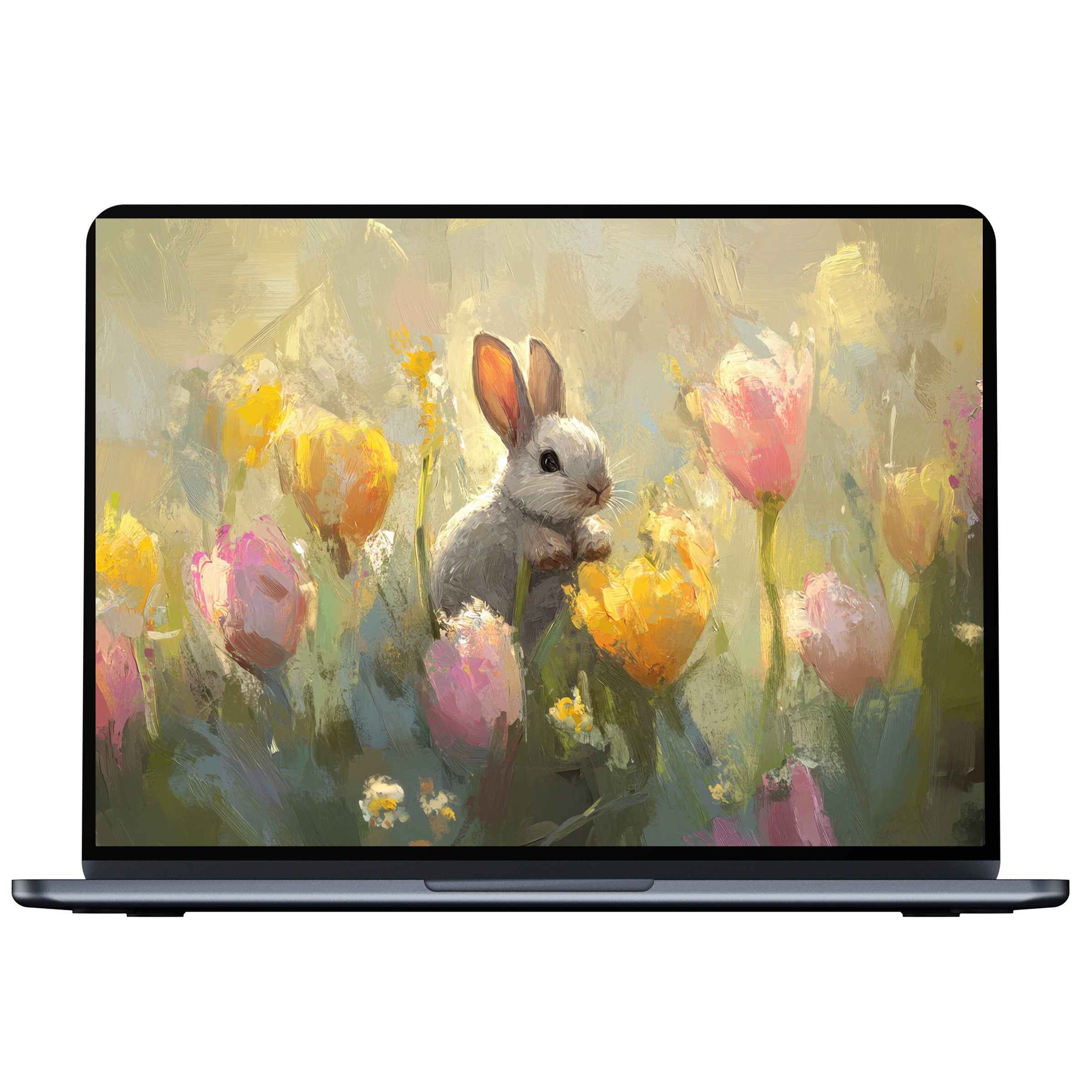Easter desktop wallpaper featuring a serene digital painting of a bunny among tulips for elegant PC and laptop displays
