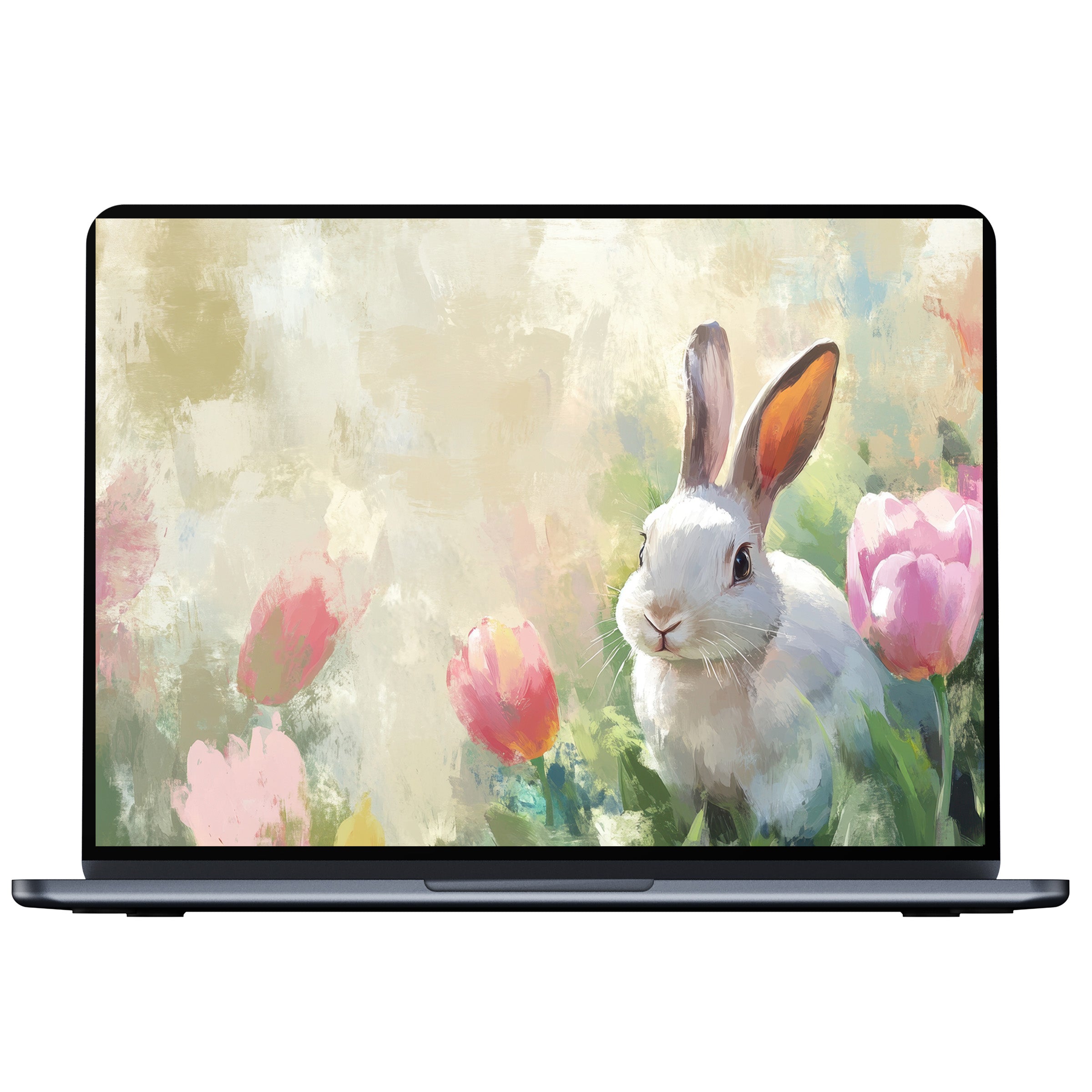 Easter desktop wallpaper with serene rabbit among pastel tulips creates calm inspiration for PC or laptop digital download users