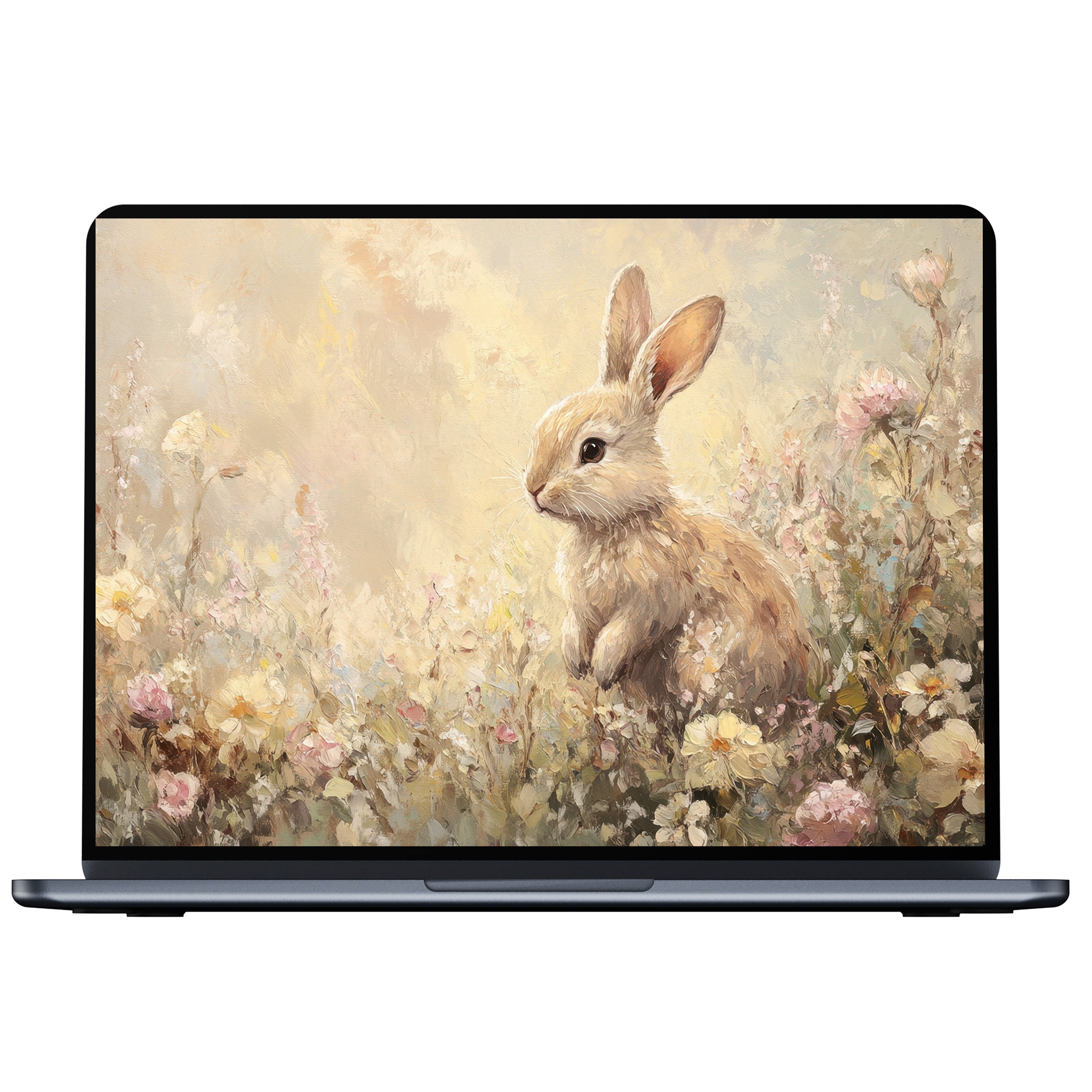Easter desktop wallpaper featuring a serene rabbit amidst delicate pastel florals, ideal digital download for PC, Laptop, and Mac