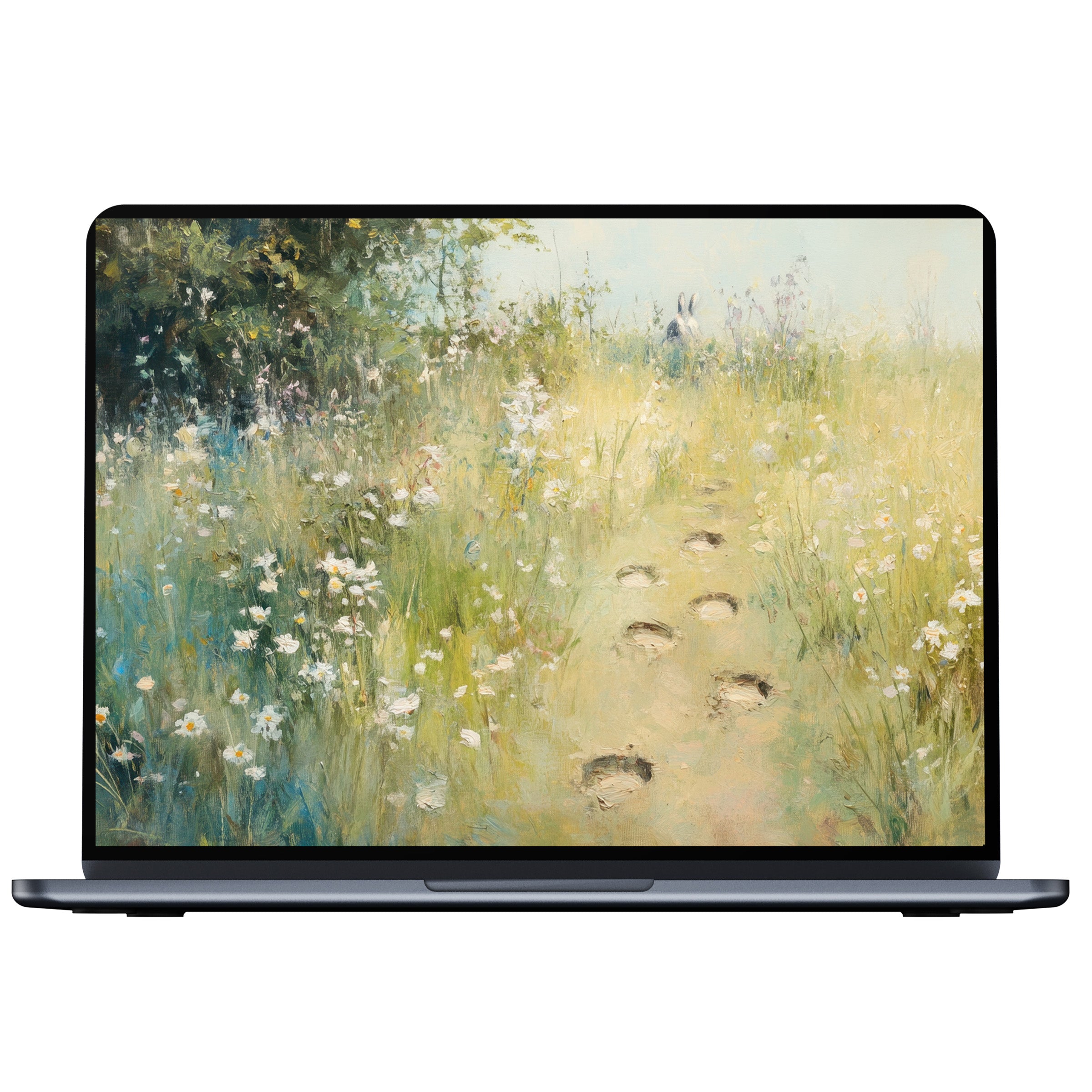 Easter desktop wallpaper showcasing a serene meadow with wildflowers and rabbit footprints offering digital download for PC and laptop users