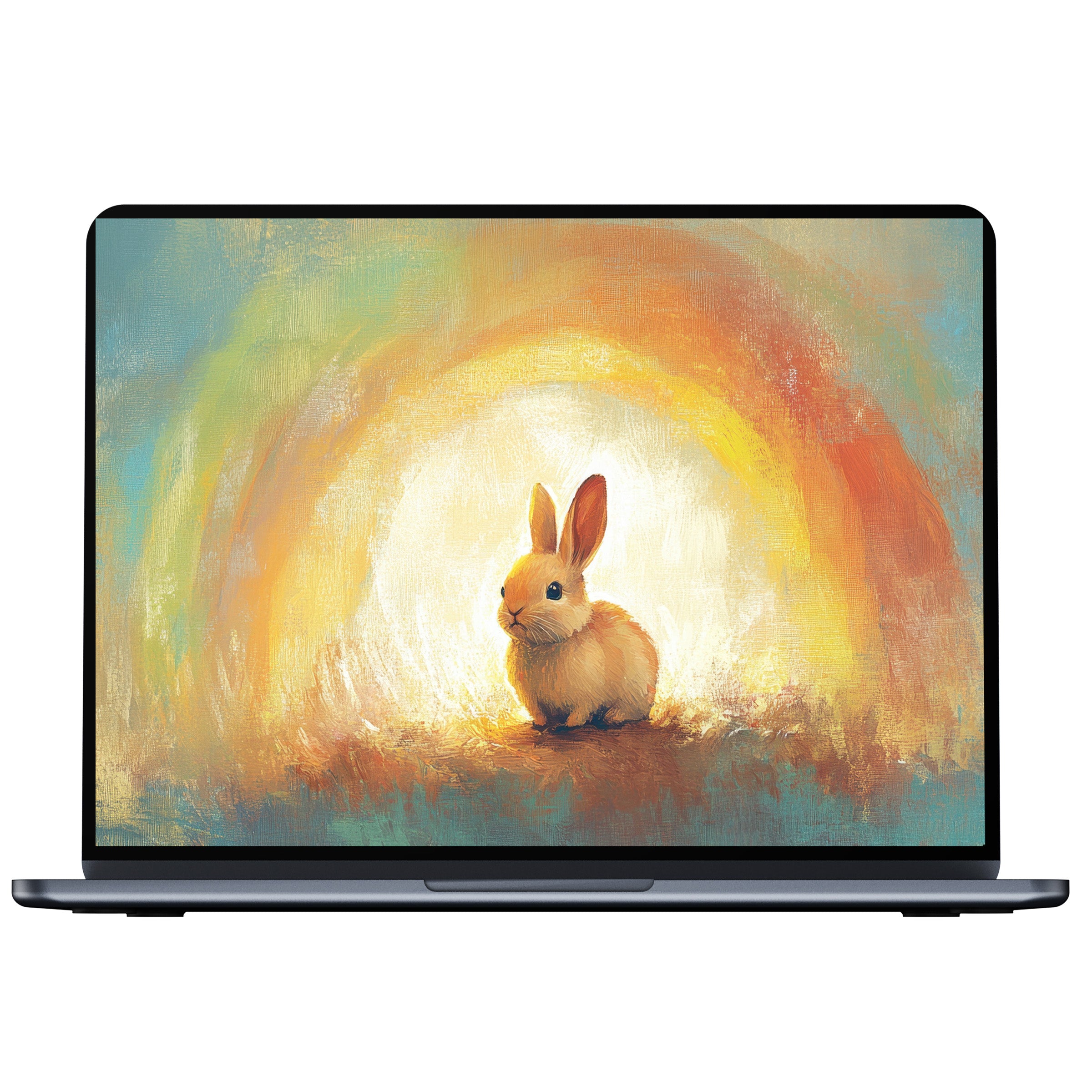 Inspiring easter desktop wallpaper digital download with a serene bunny in a warm, colorful aura, perfect for PC, Laptop, Mac