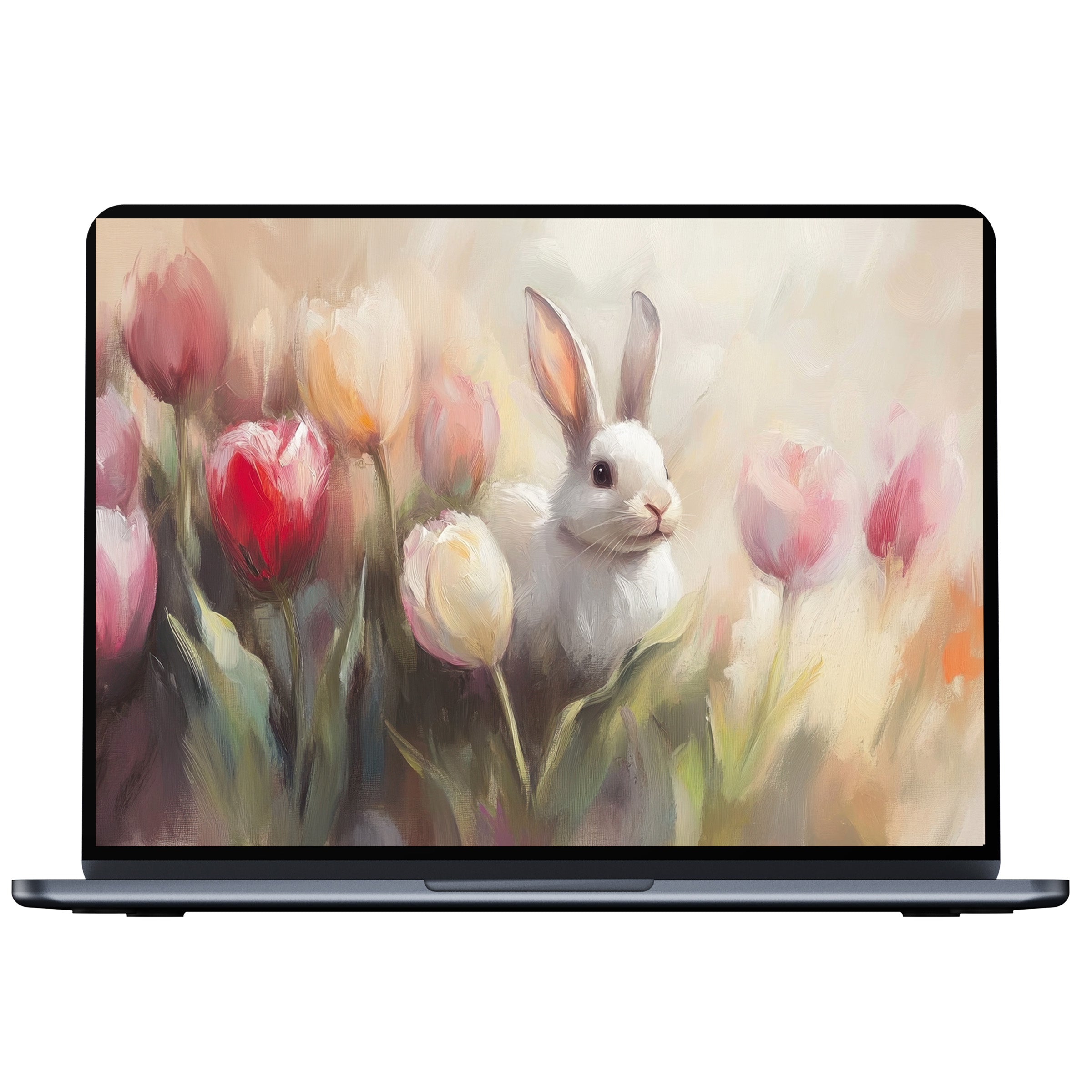 Easter desktop wallpaper featuring a serene bunny amid pastel tulips offers digital download for inspiring PC or laptop backgrounds