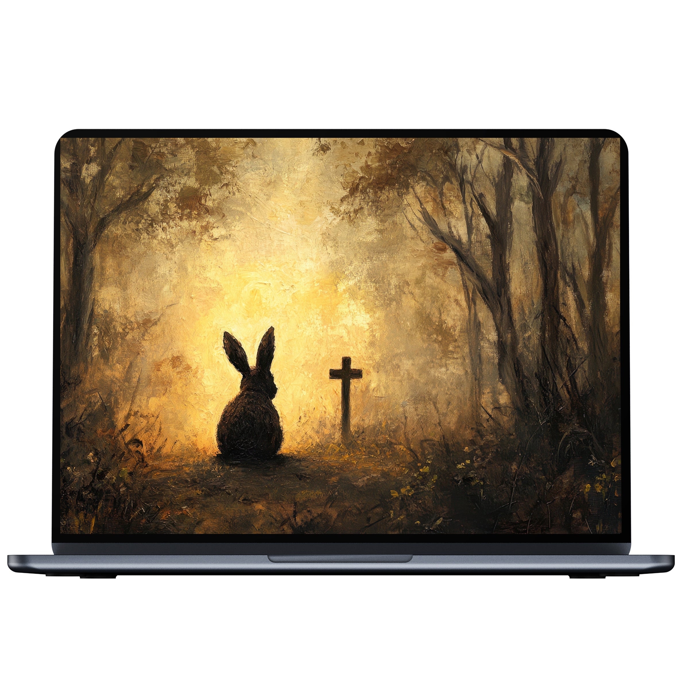 Easter desktop wallpaper featuring a serene rabbit and cross in a warm forest setting ideal for PC and laptop digital download