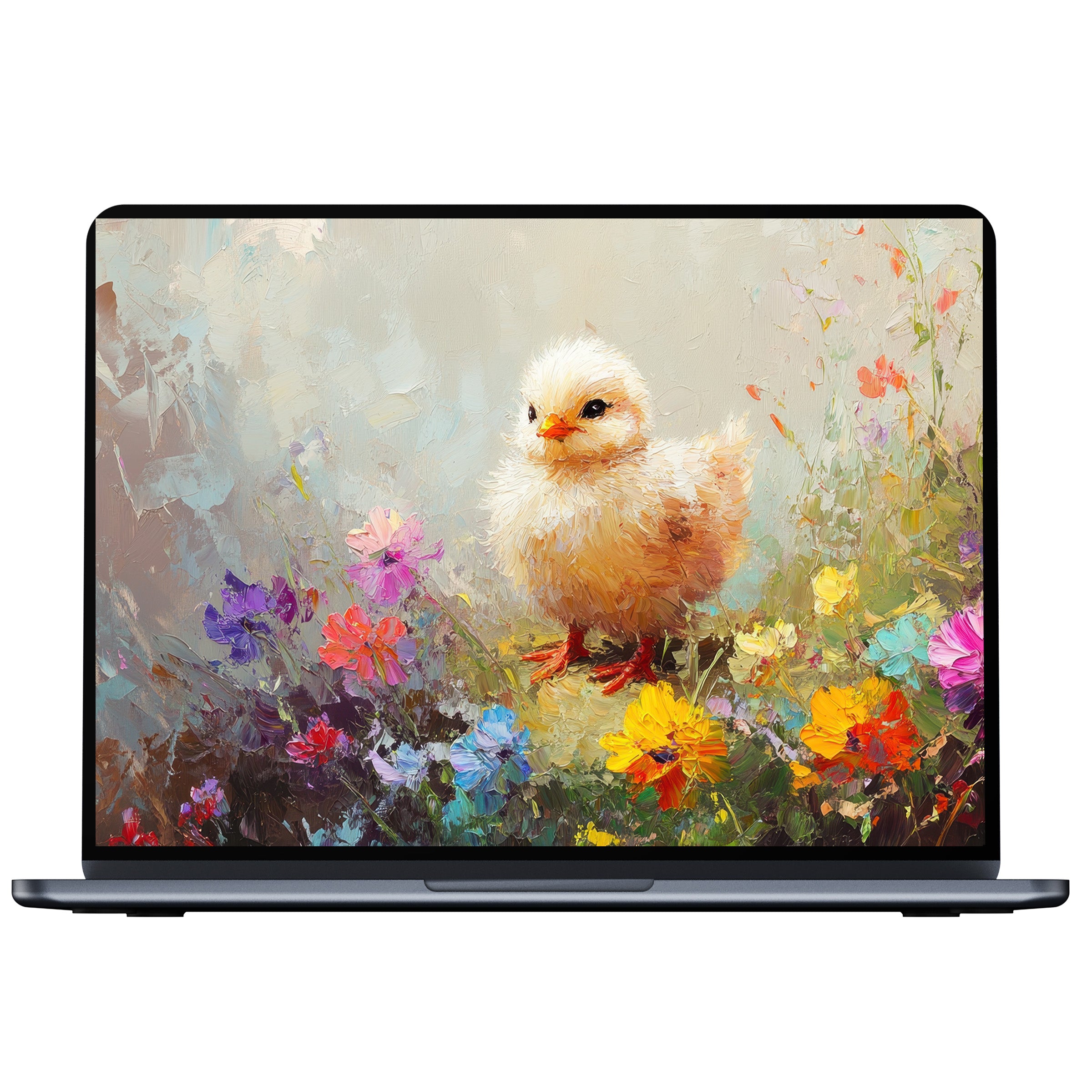 "Easter desktop wallpaper with a fluffy chick among vibrant flowers offers digital download for PC, Laptop, or Mac users seeking elegance"