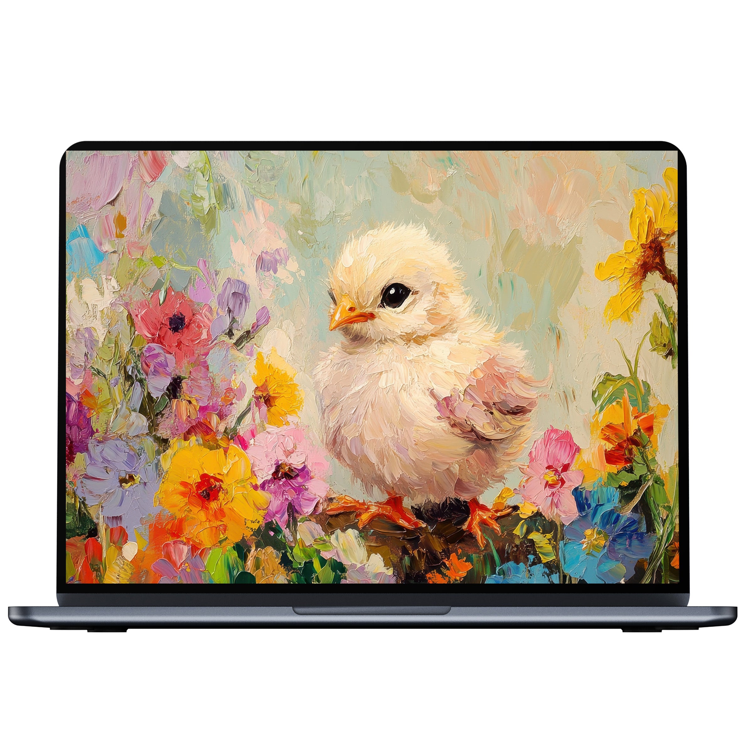 Charming easter desktop wallpaper art featuring a fluffy chick among vibrant flowers offers digital download for PC, laptop screens