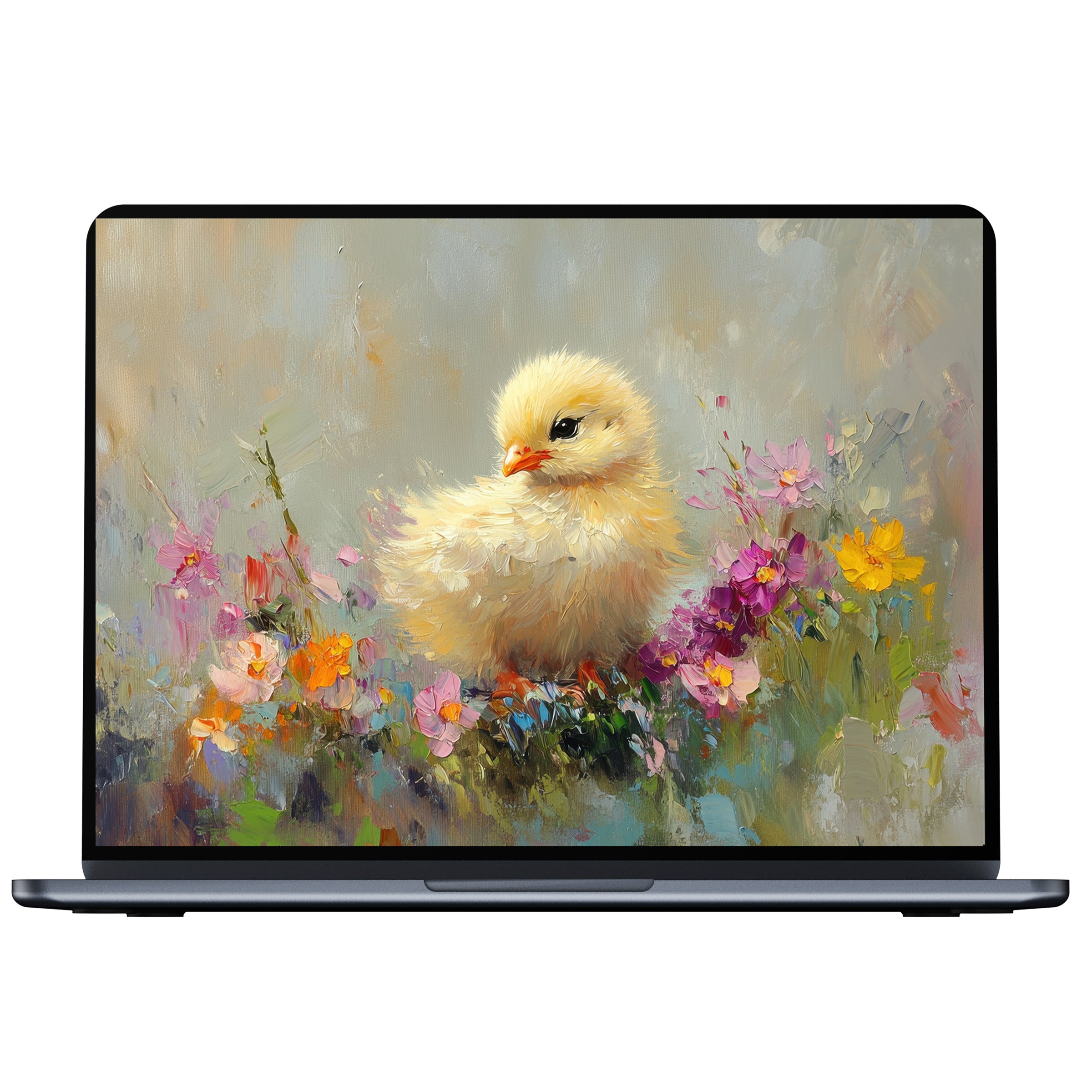 Easter desktop wallpaper with a fluffy chick on vibrant flowers, offering an inspiring digital download for PC, laptop, or Mac users