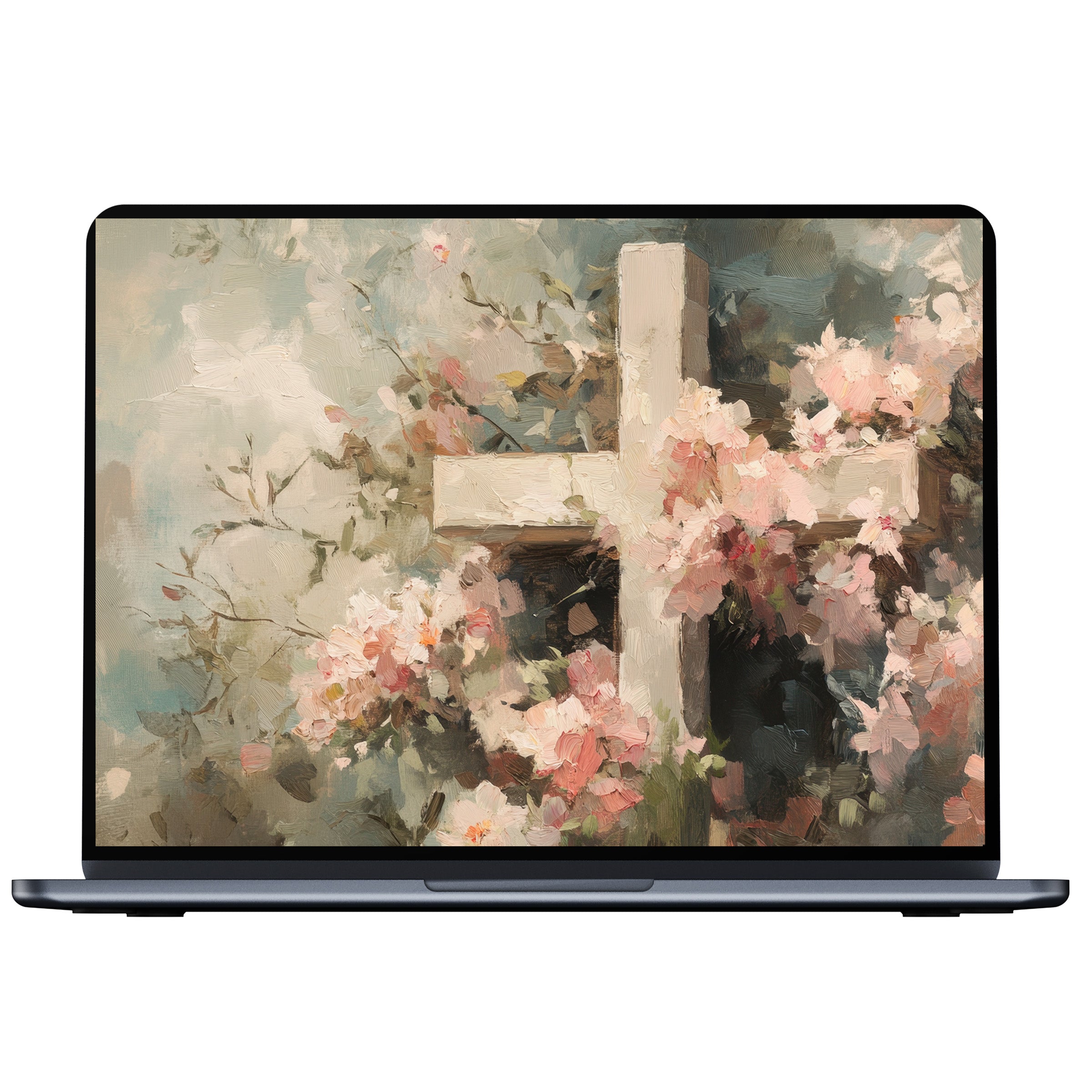 Easter desktop wallpaper digital download with elegant floral cross painting, perfect for adding calm elegance to any PC or laptop screen