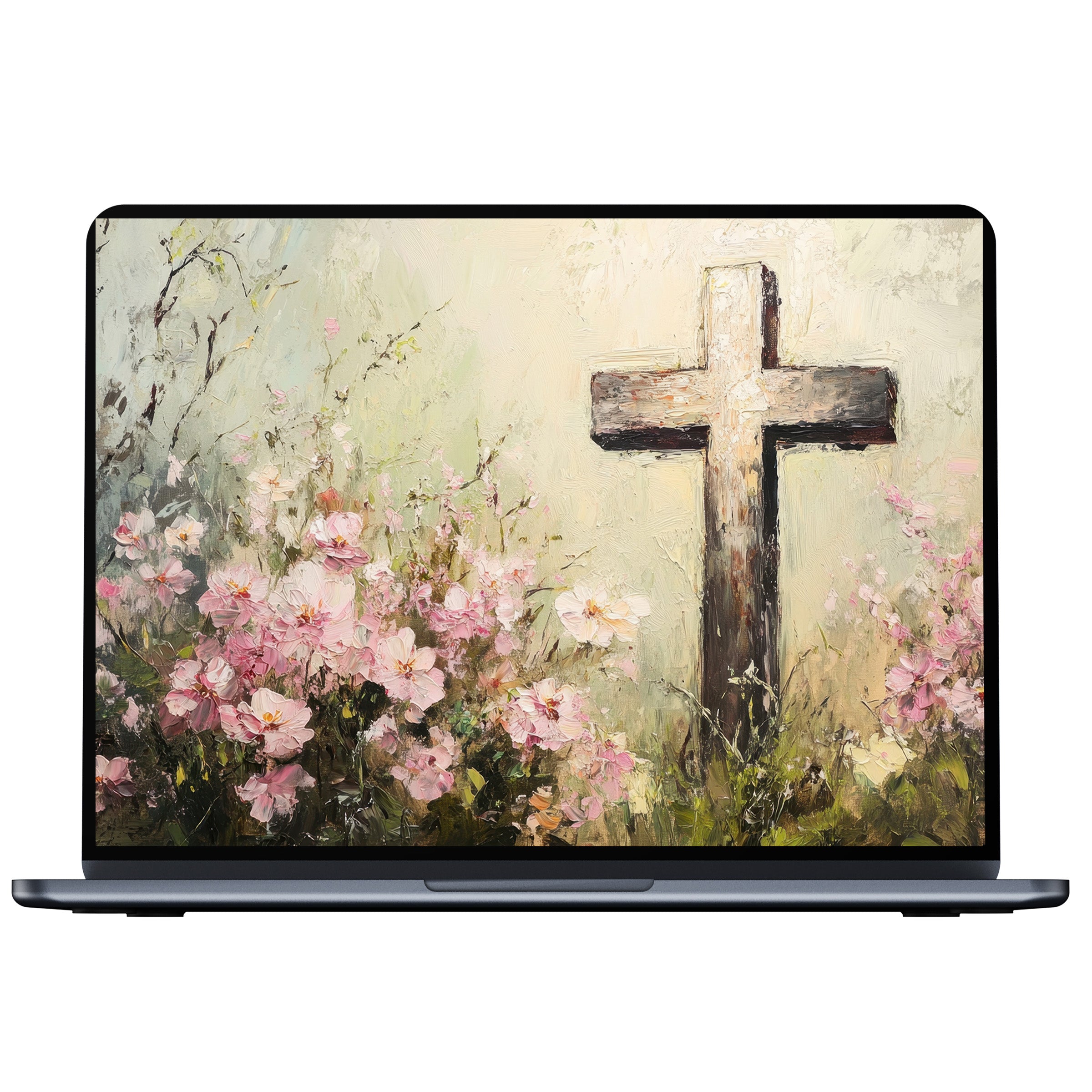 Easter desktop wallpaper digital download with serene floral textures and cross design for PC, laptop, Mac inspires peace and elegance