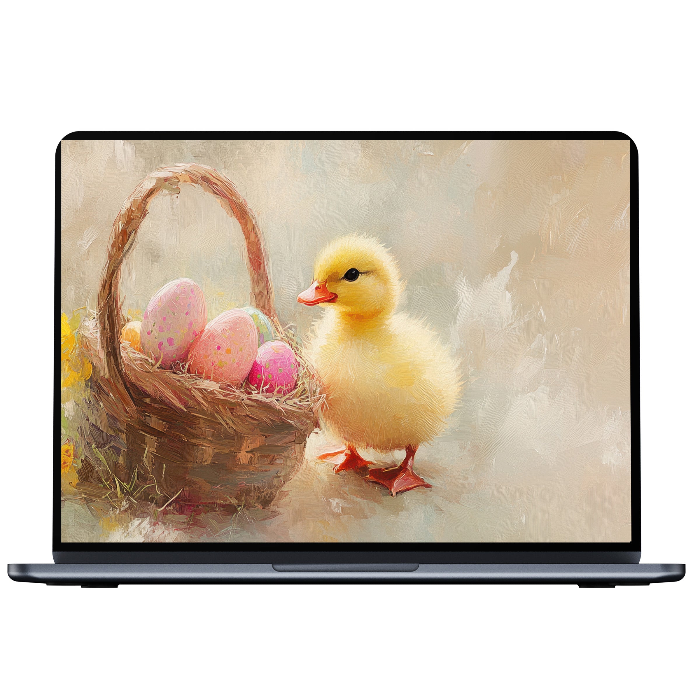 Easter desktop wallpaper with a soft pastel palette featuring a chick and basket of eggs digital download for PC and laptop use