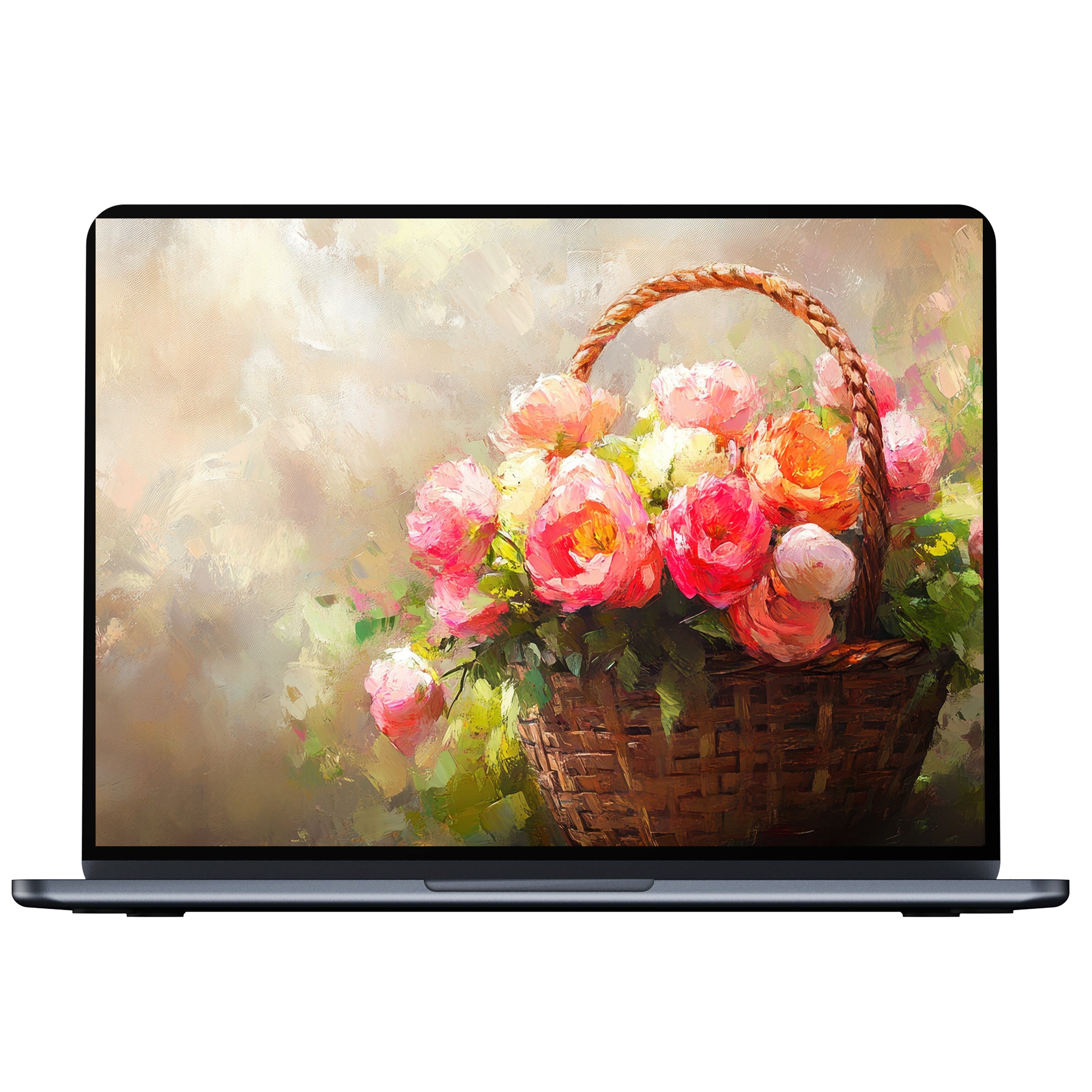 Easter desktop wallpaper with vibrant flower basket painting evokes calm and elegance suitable for digital download on PC or laptop