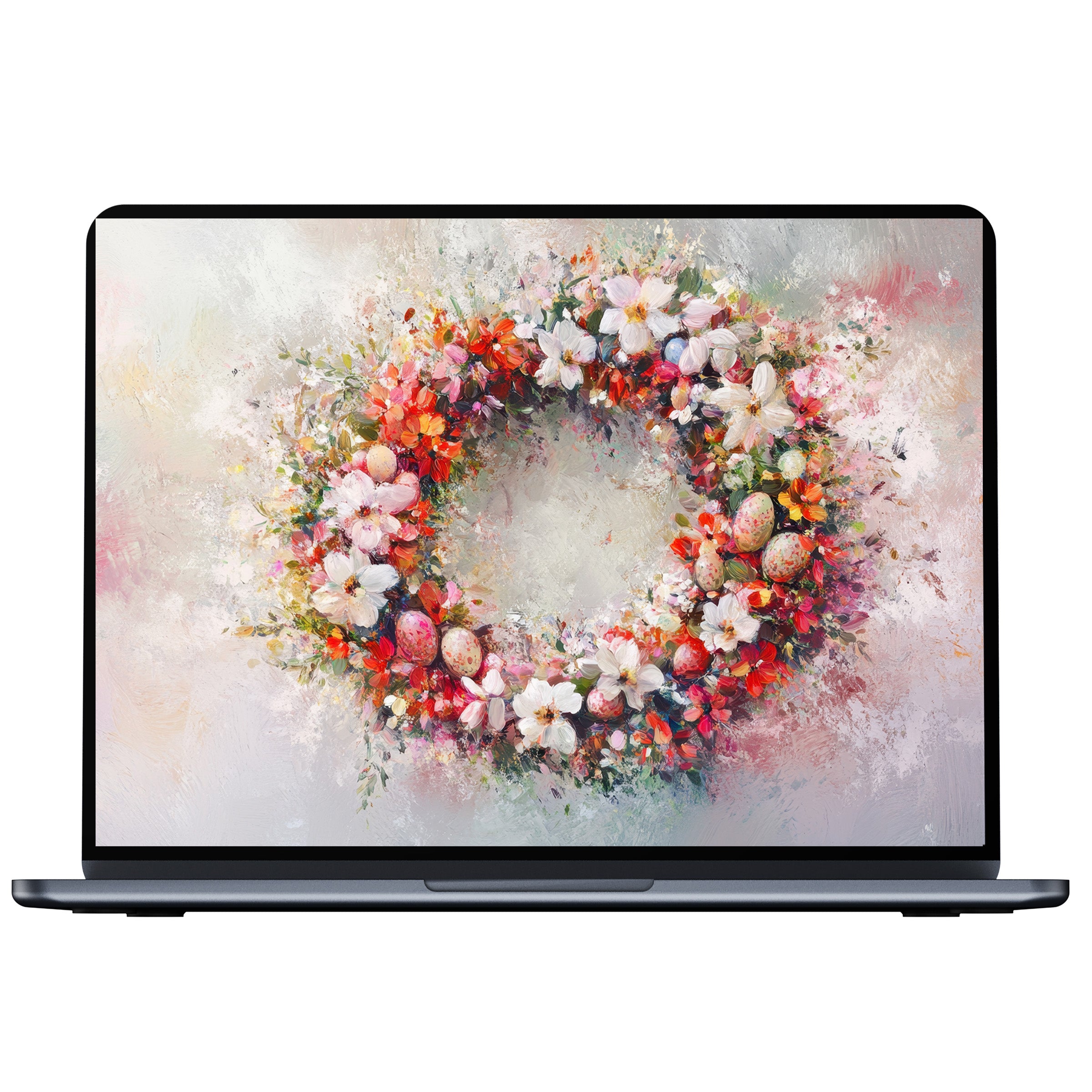 Easter desktop wallpaper featuring a floral wreath with eggs in soft pastels, perfect digital download for PC or laptop screens