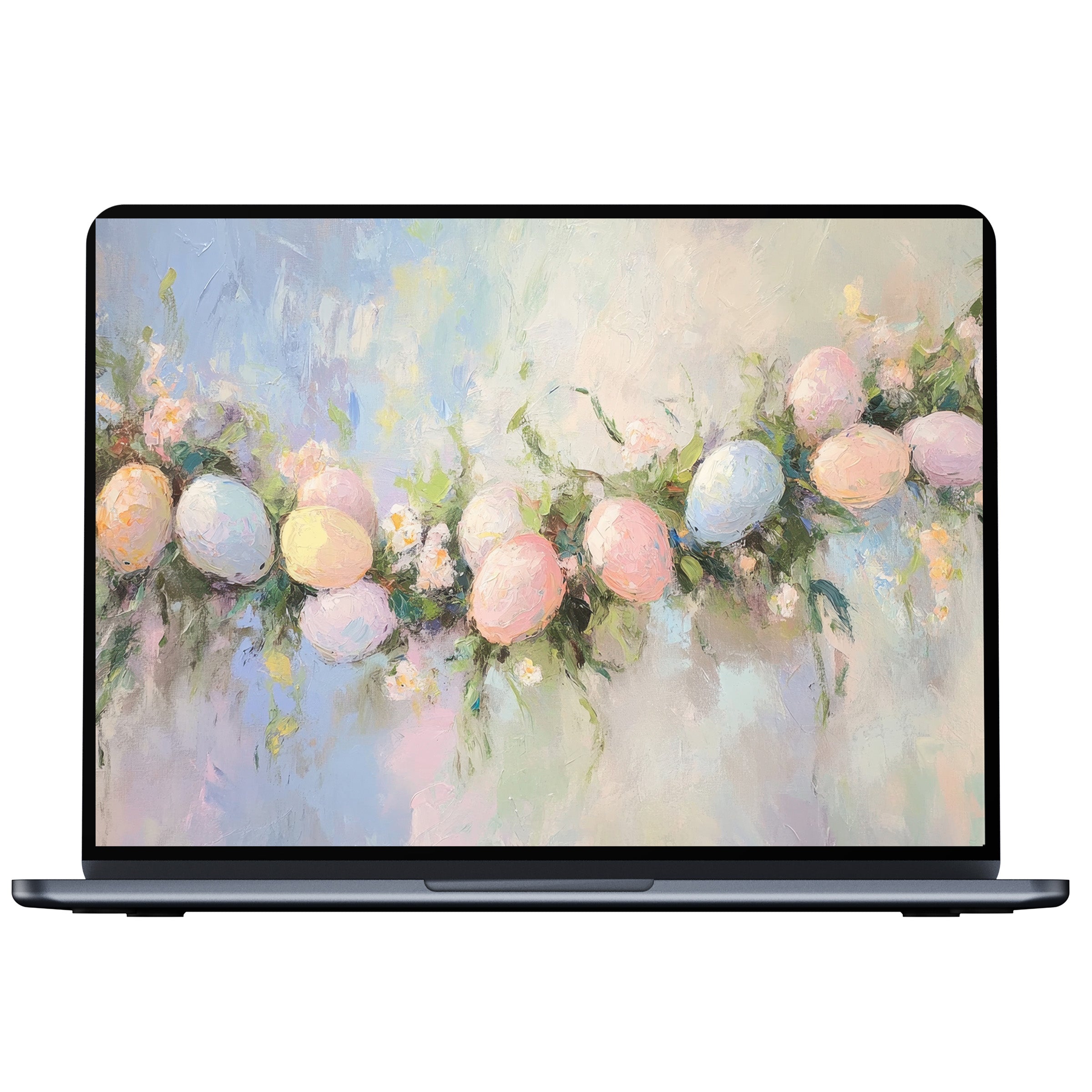 Easter desktop wallpaper with pastel eggs and flowers in an oil painting style for a calming digital download on PC or laptop