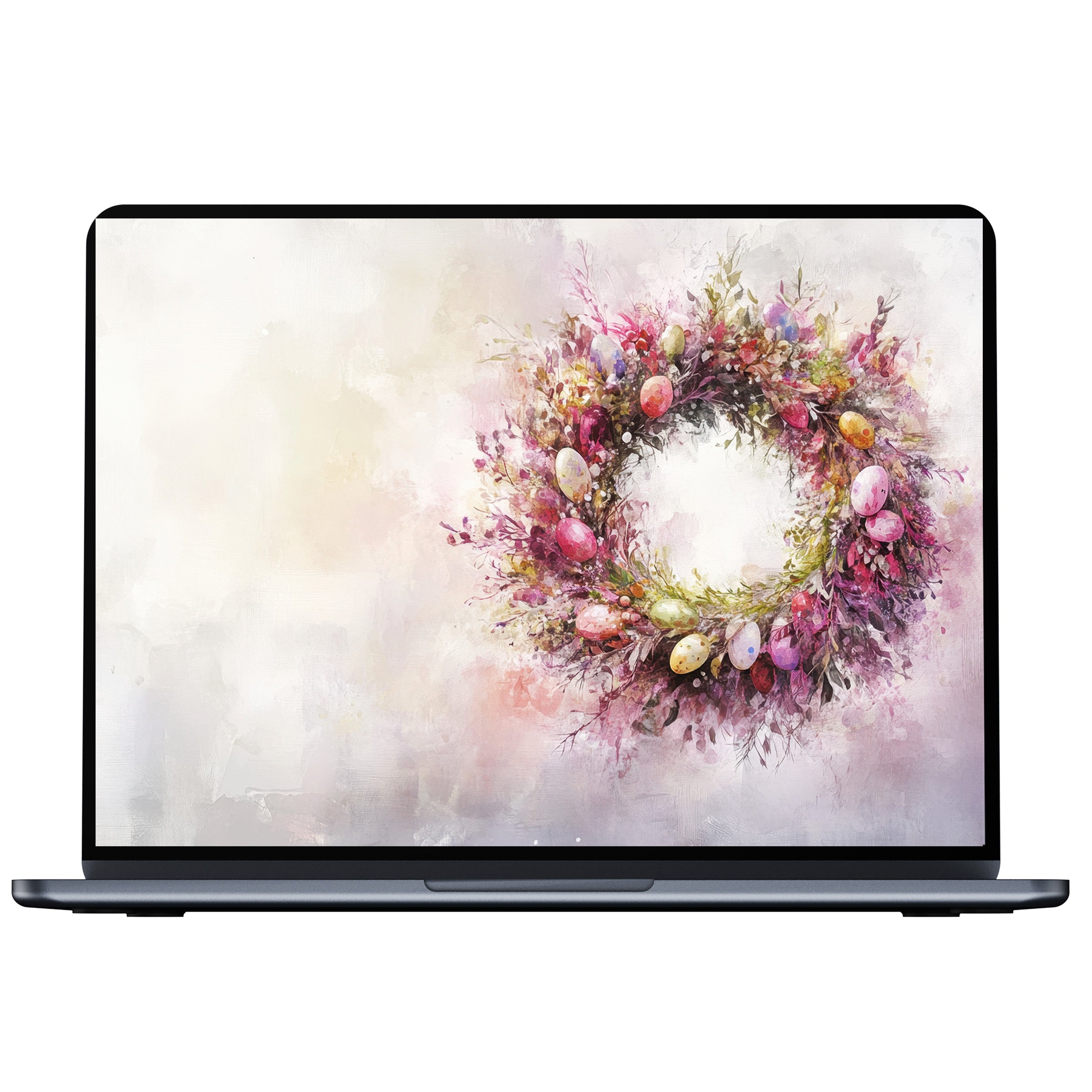Easter desktop wallpaper featuring a pastel floral wreath in watercolor on a digital download for PC, laptop, or Mac users