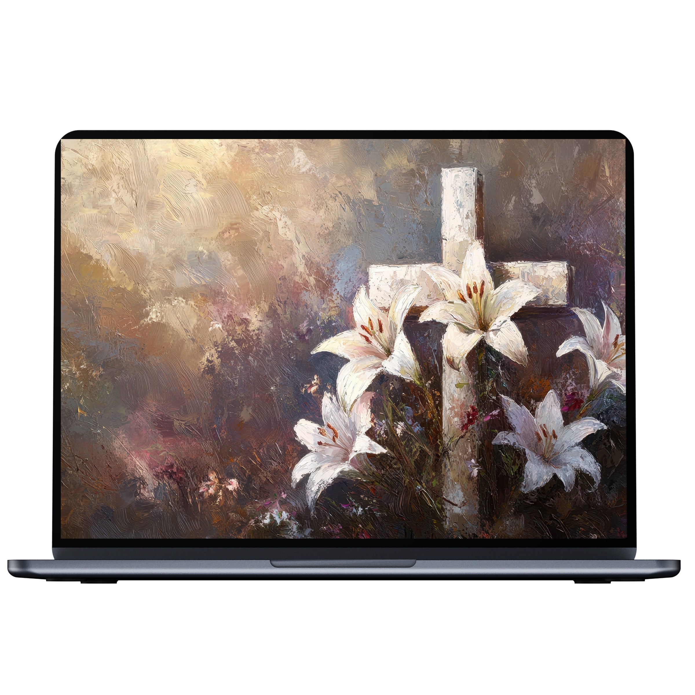 Easter desktop wallpaper with lilies and a cross in soft pastels offers a serene digital download for elegant PC or laptop ambiance