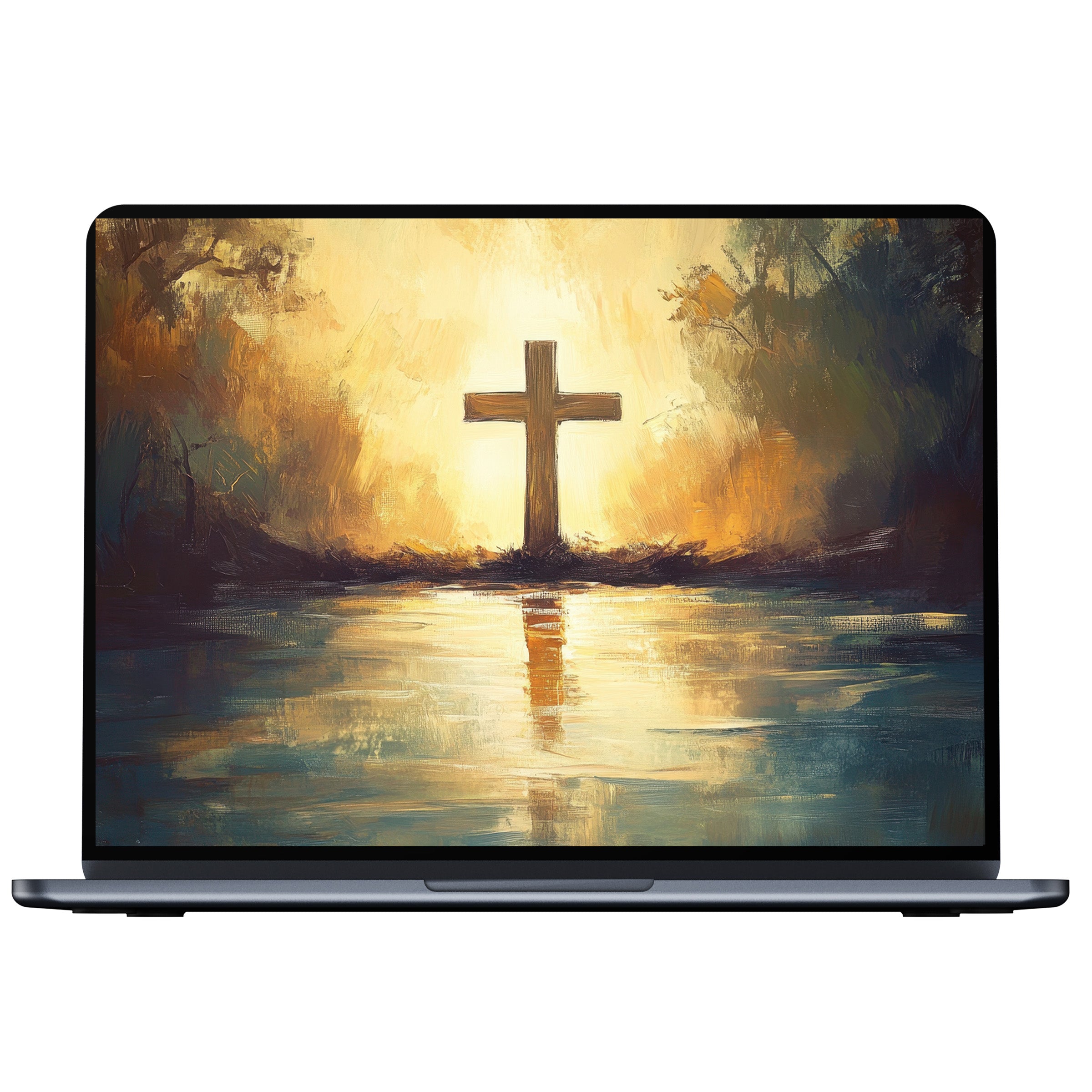 Easter desktop wallpaper featuring a serene cross reflection in soft pastel hues, perfect digital download for PC, Laptop, Mac