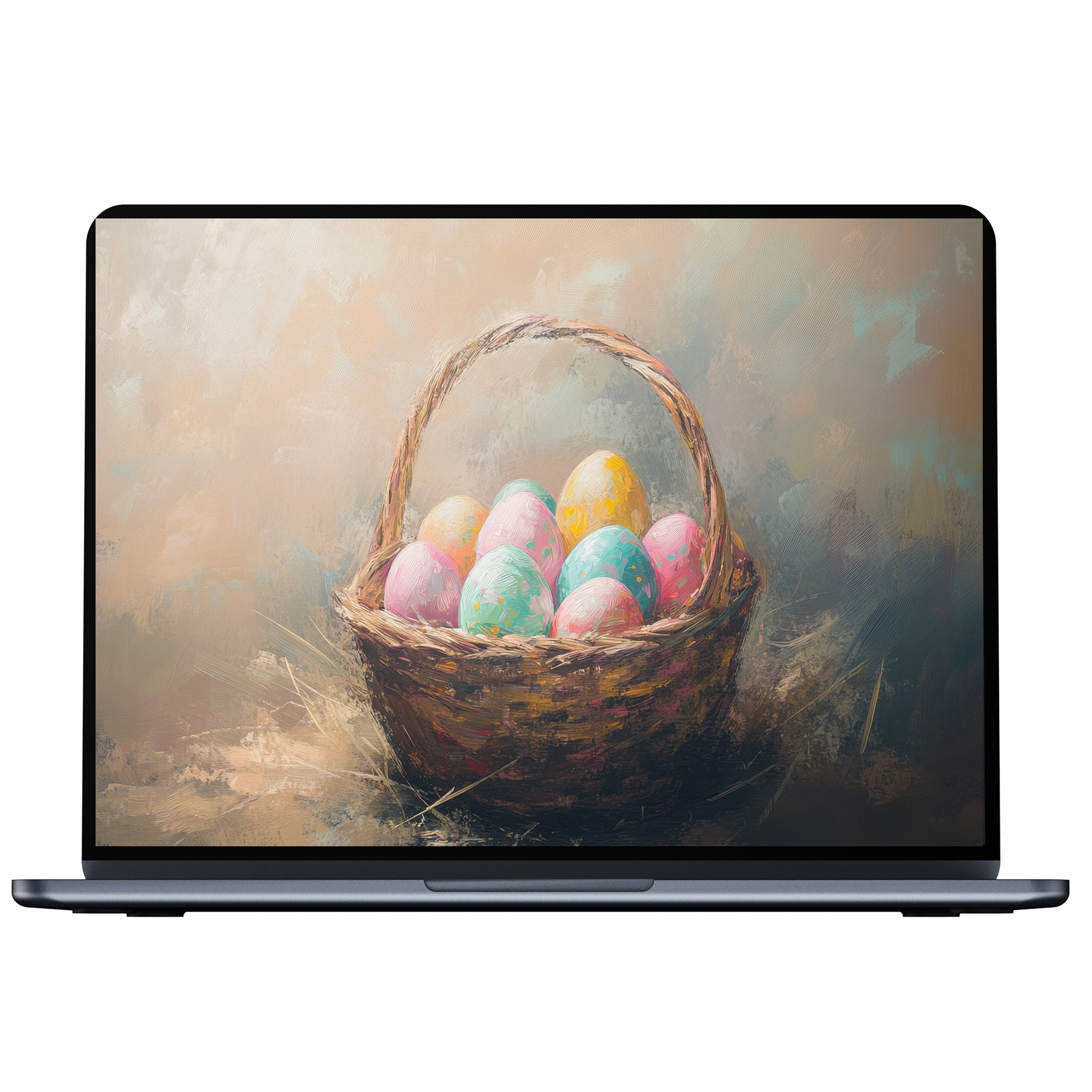 Easter desktop wallpaper featuring a rustic basket of painted eggs in soothing pastels offers digital download for PC and laptop use