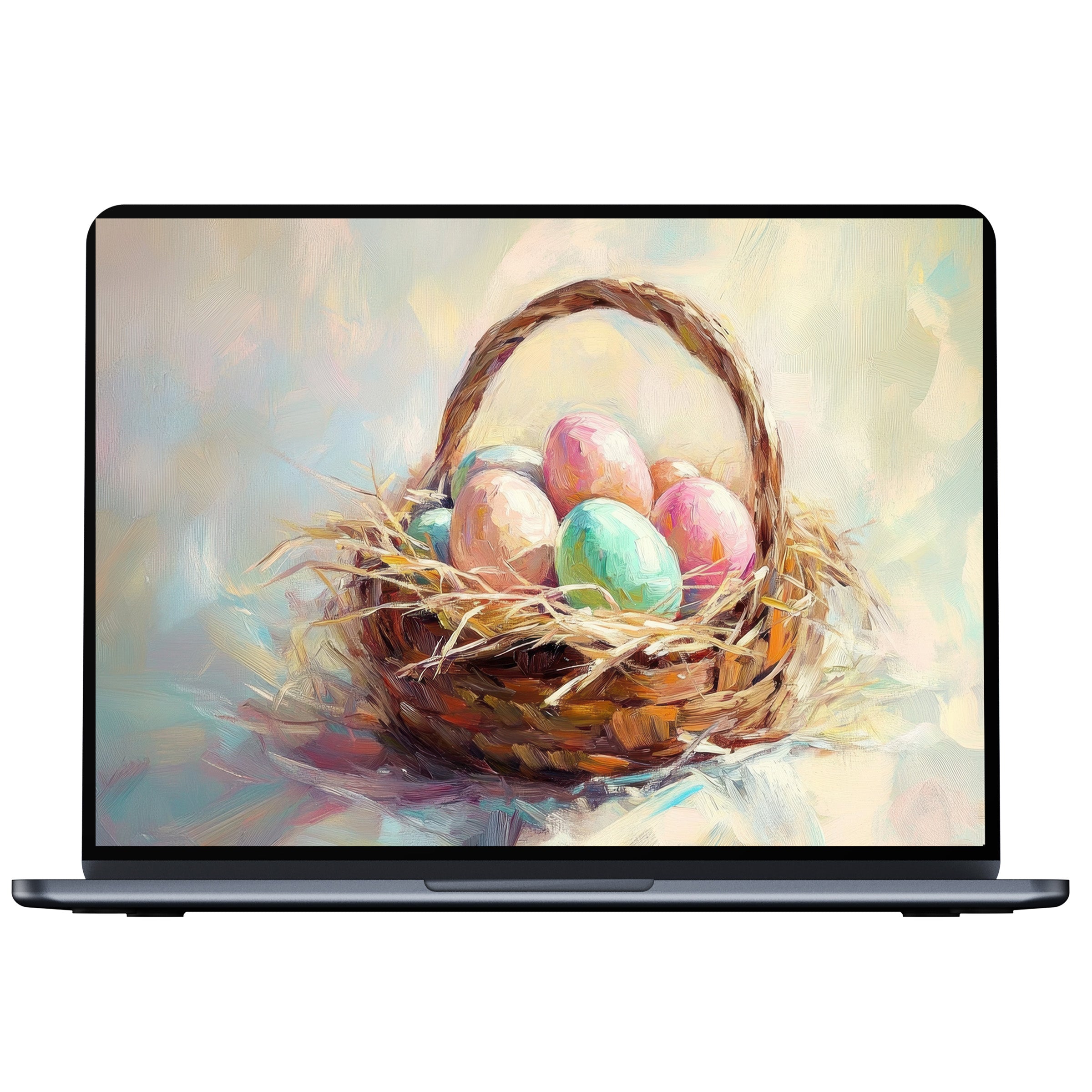 Easter desktop wallpaper digital download featuring pastel painted eggs in a basket evokes calm elegance for PC, laptop, or Mac