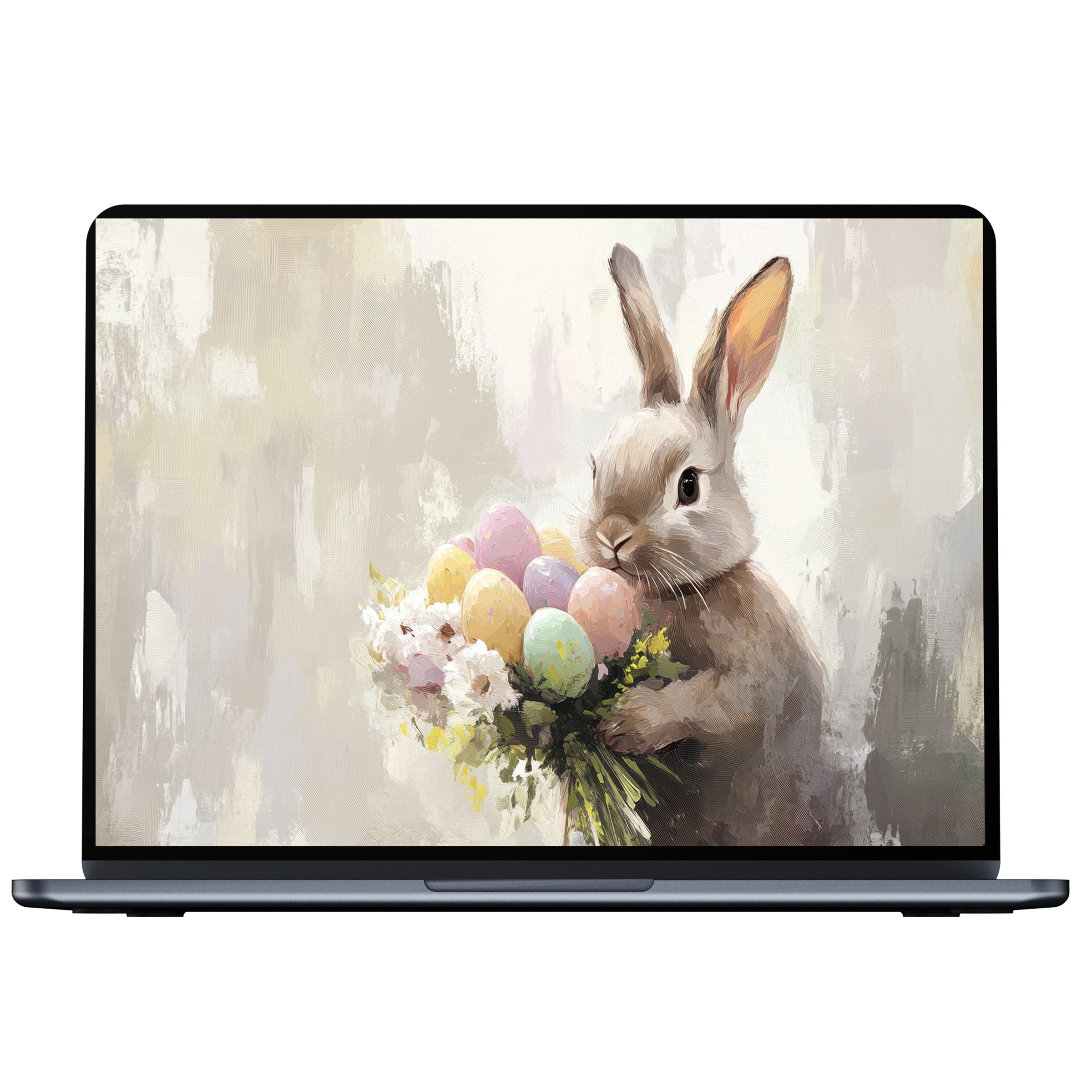 Serene pastel-hued easter desktop wallpaper with a bunny holding eggs and flowers in a soft art style digital download for PC or laptop